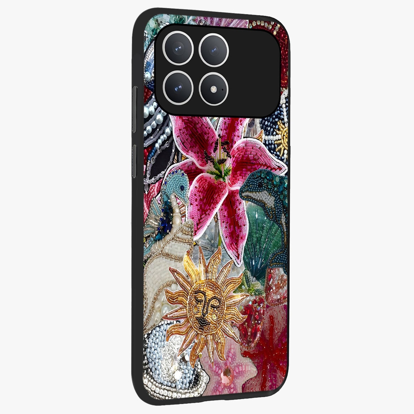 Beaded Garden Fantasy Glass Case upright view showcasing whimsical garden aesthetic with artistic bead details.
