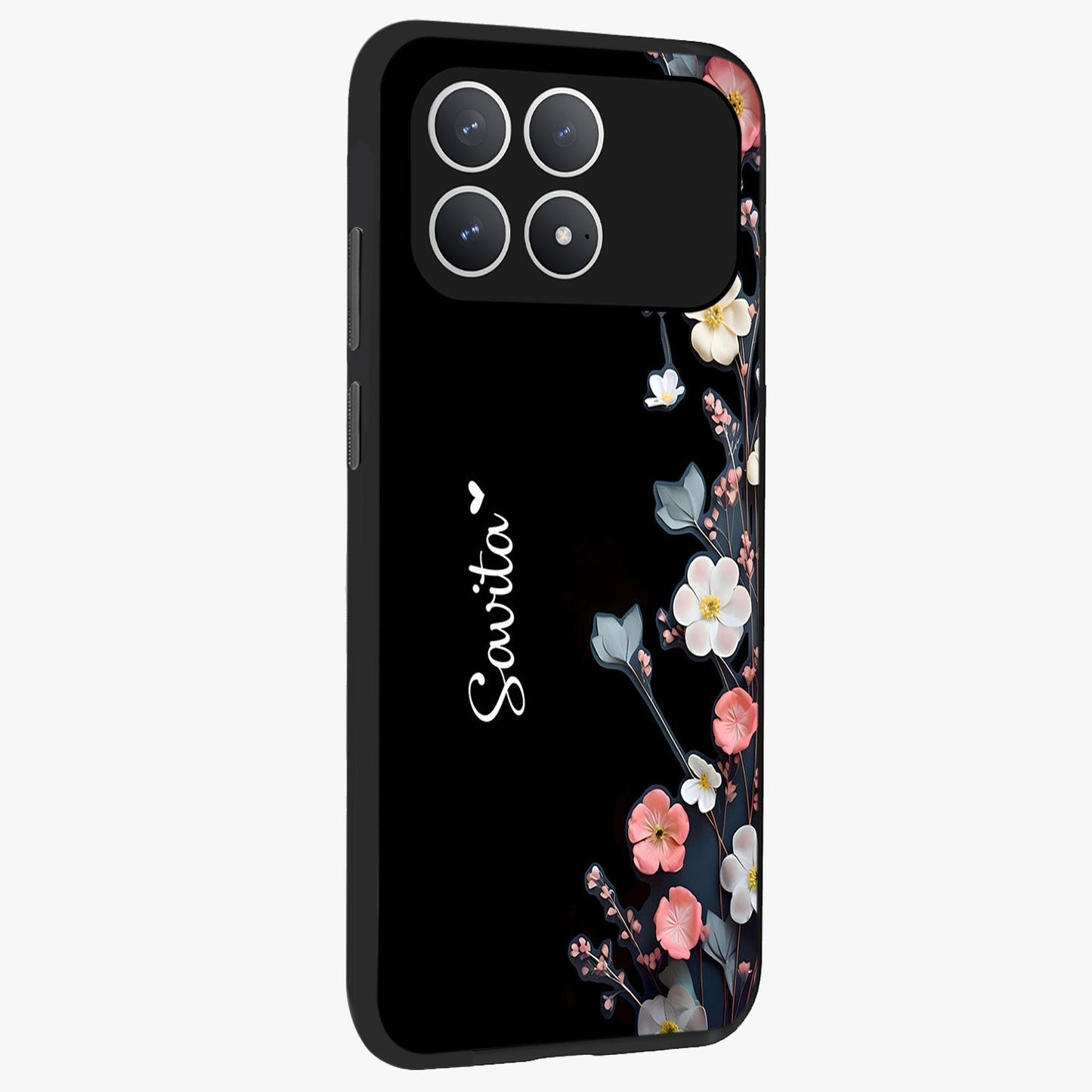 Black Elegance Floral Custom Name Glass Case upright view showcasing luxurious black floral design with personalized name detail.