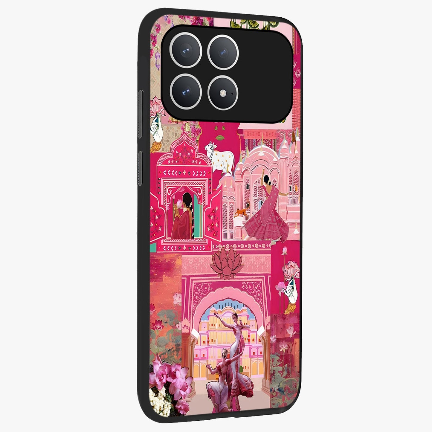 Blossoms of Rajasthan Glass Case upright view showcasing colorful floral design inspired by traditional Indian art.