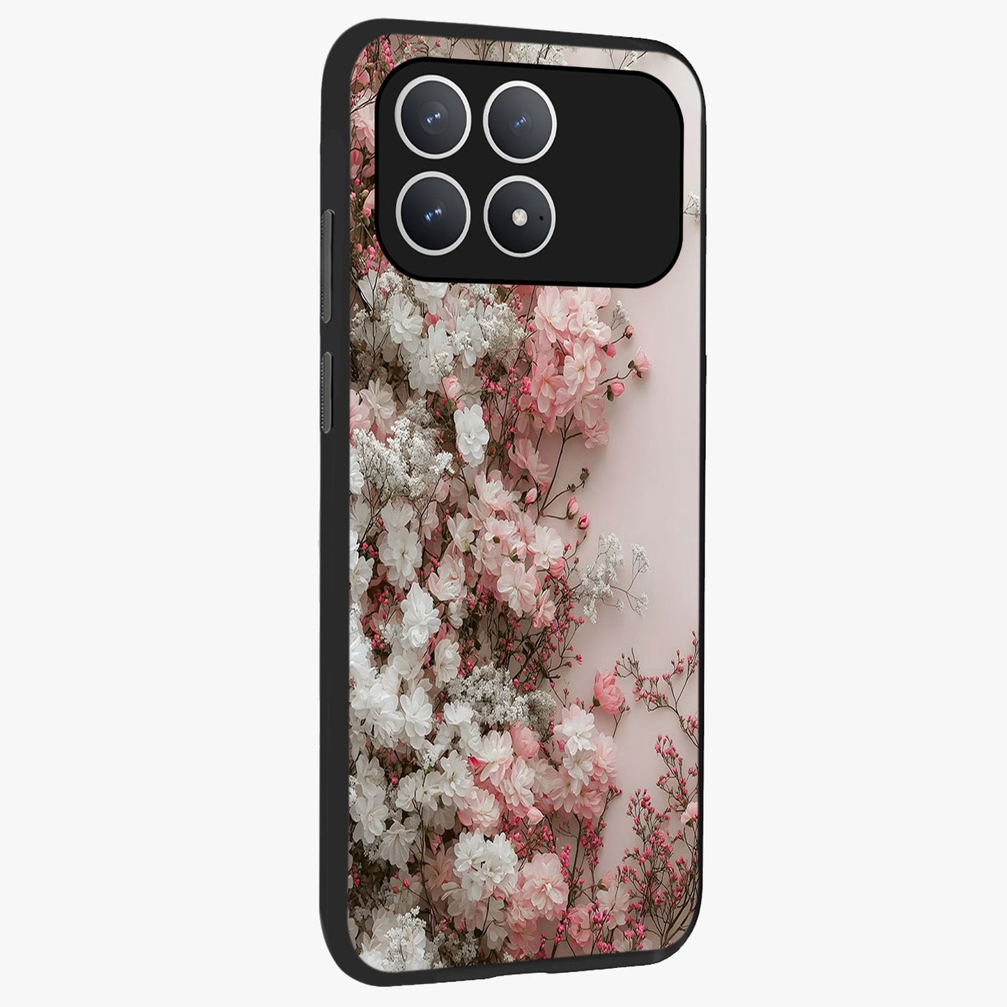 Blush Blossom Cloud Glass Case upright view showcasing calm floral cloud artwork with gentle dreamy theme.