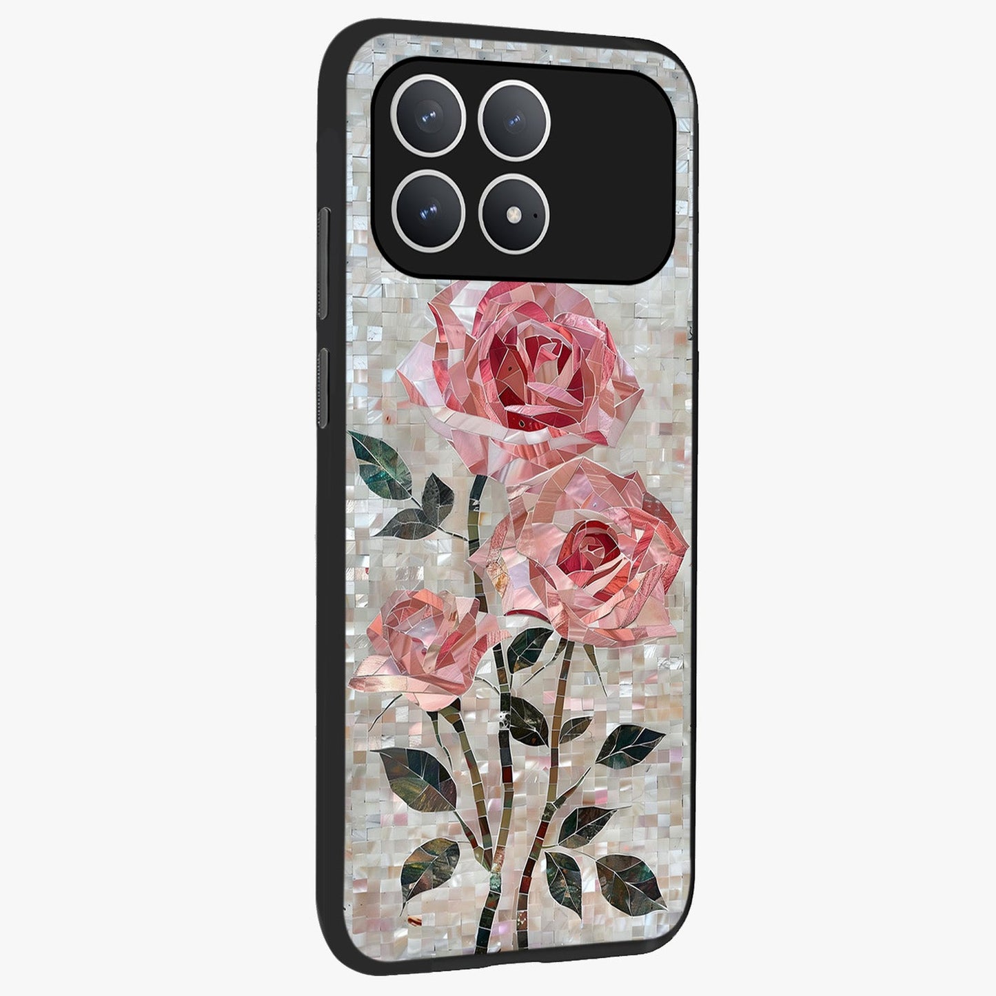 Blush Mosaic Bloom Glass Case upright view showcasing decorative floral mosaic artwork with stylish modern aesthetic.