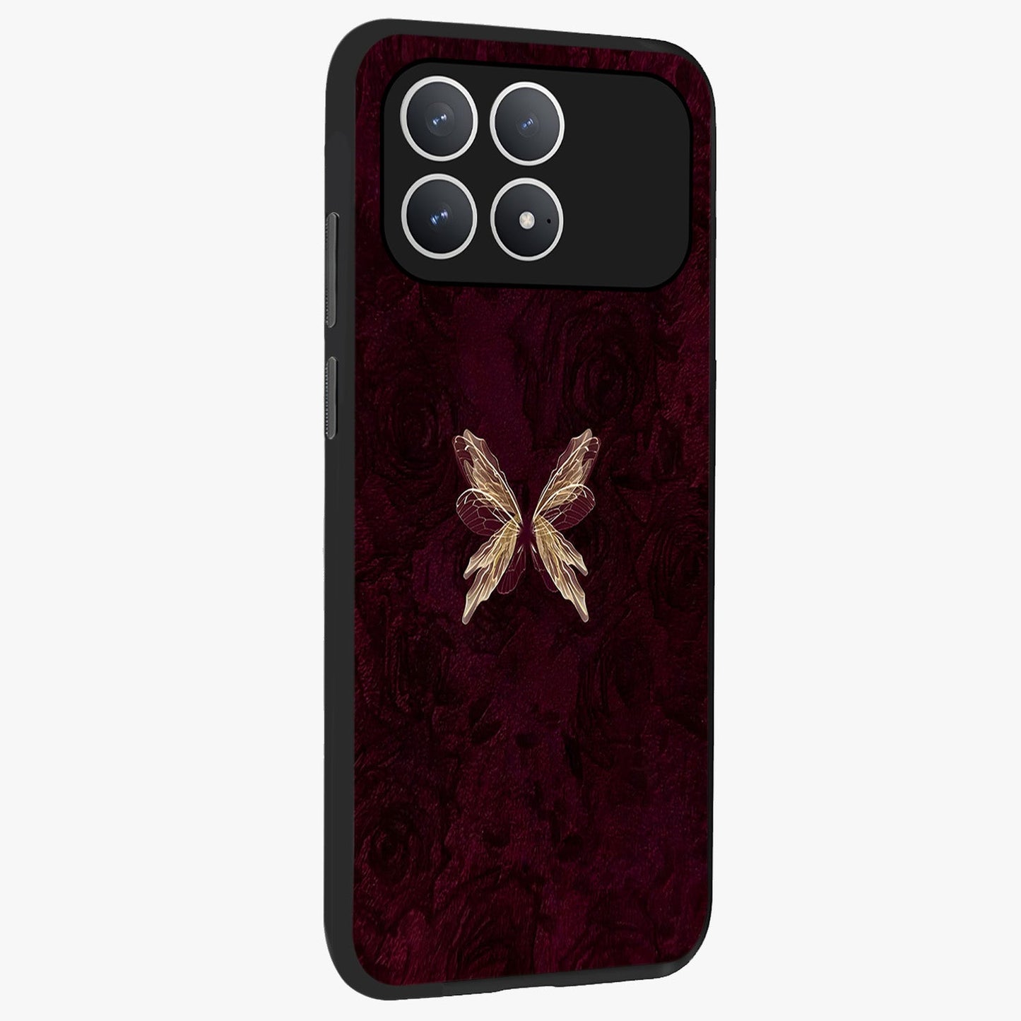 Crimson Fade Butterfly Glass Case upright view showcasing graceful butterfly artwork with soft crimson fade effect.