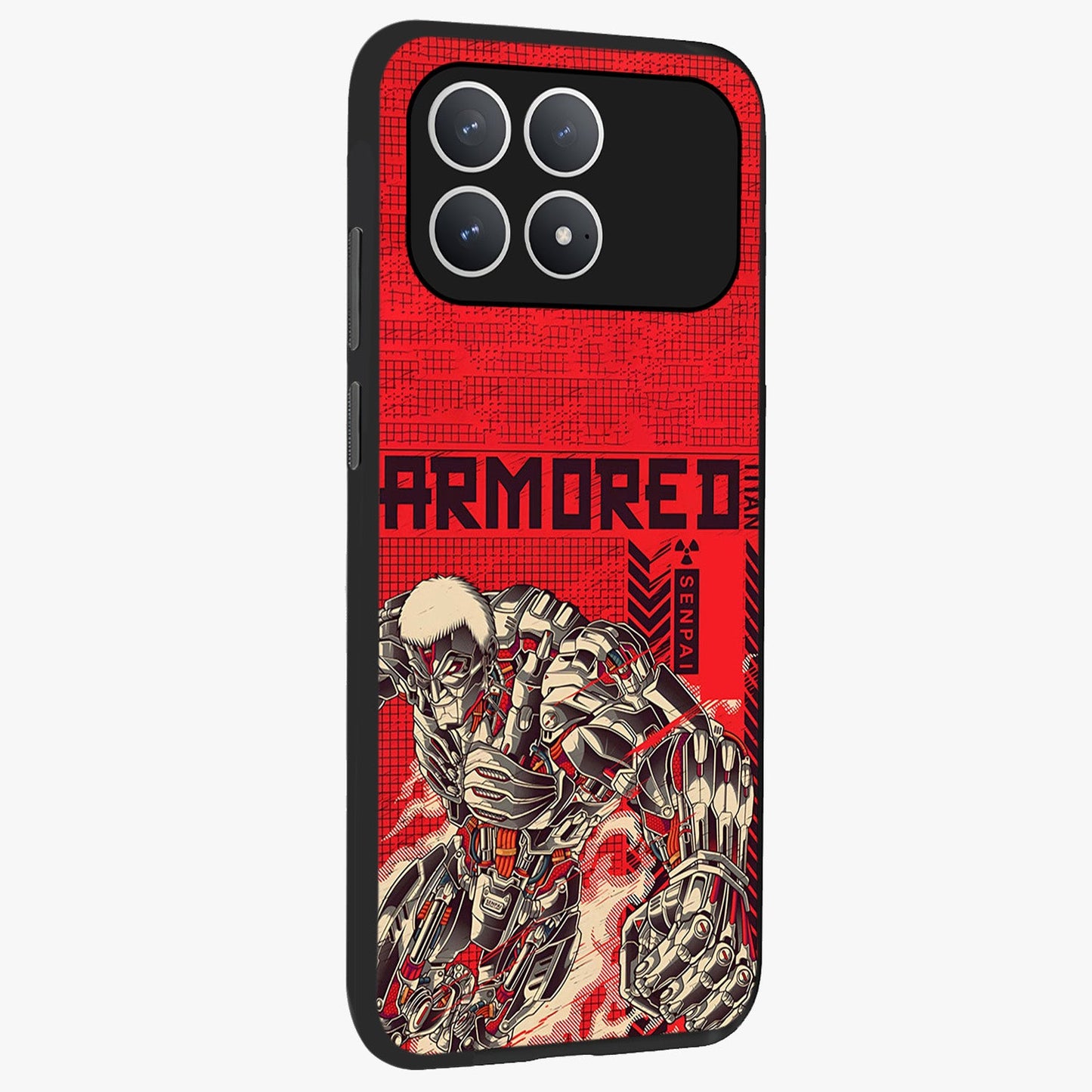Crimson Mecha Titan Glass Case upright view showcasing dynamic robotic titan design with sci-fi inspired theme.