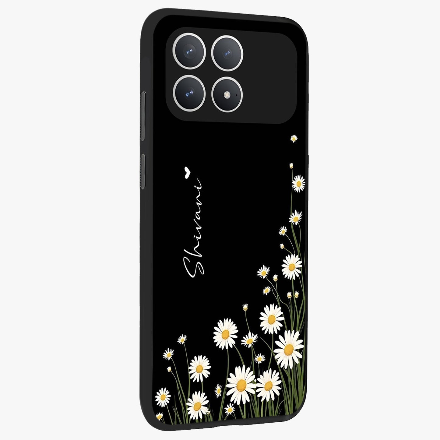 Daisy Cascade Custom Name Glass Case upright view showcasing elegant floral cascade design with personalized aesthetic.