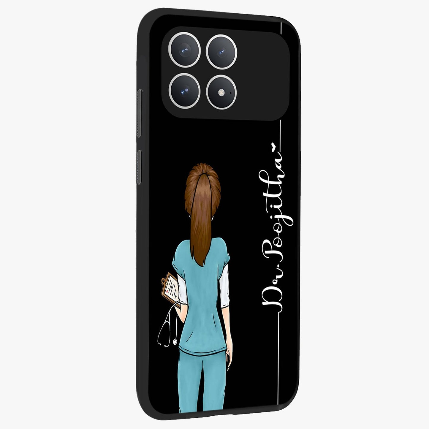 Doctor Pattern Custom Name Glass Case upright view showcasing healthcare themed design with personalized aesthetic.