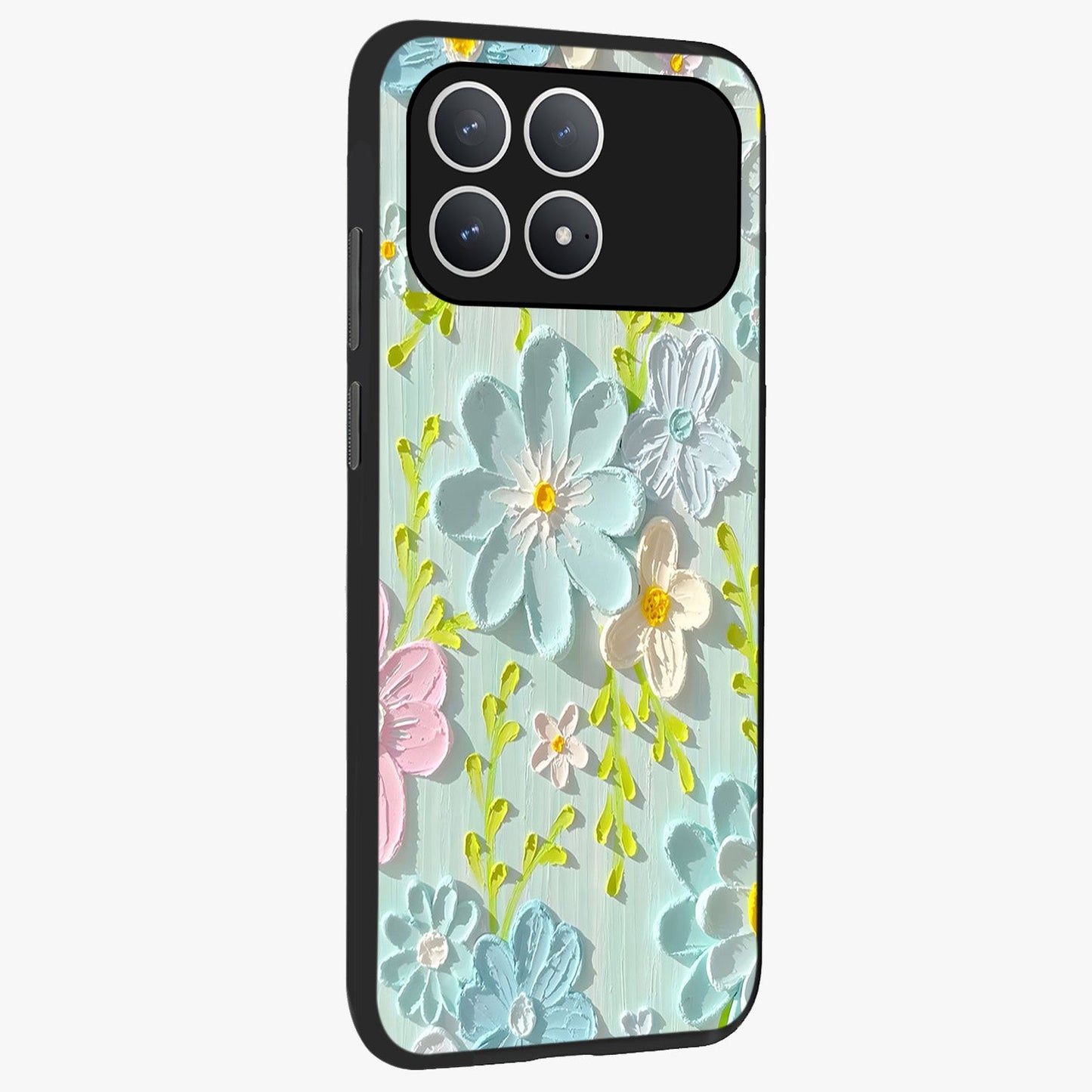 Frosted Petal Garden Glass Case upright view showcasing elegant floral garden artwork with soothing pastel theme.