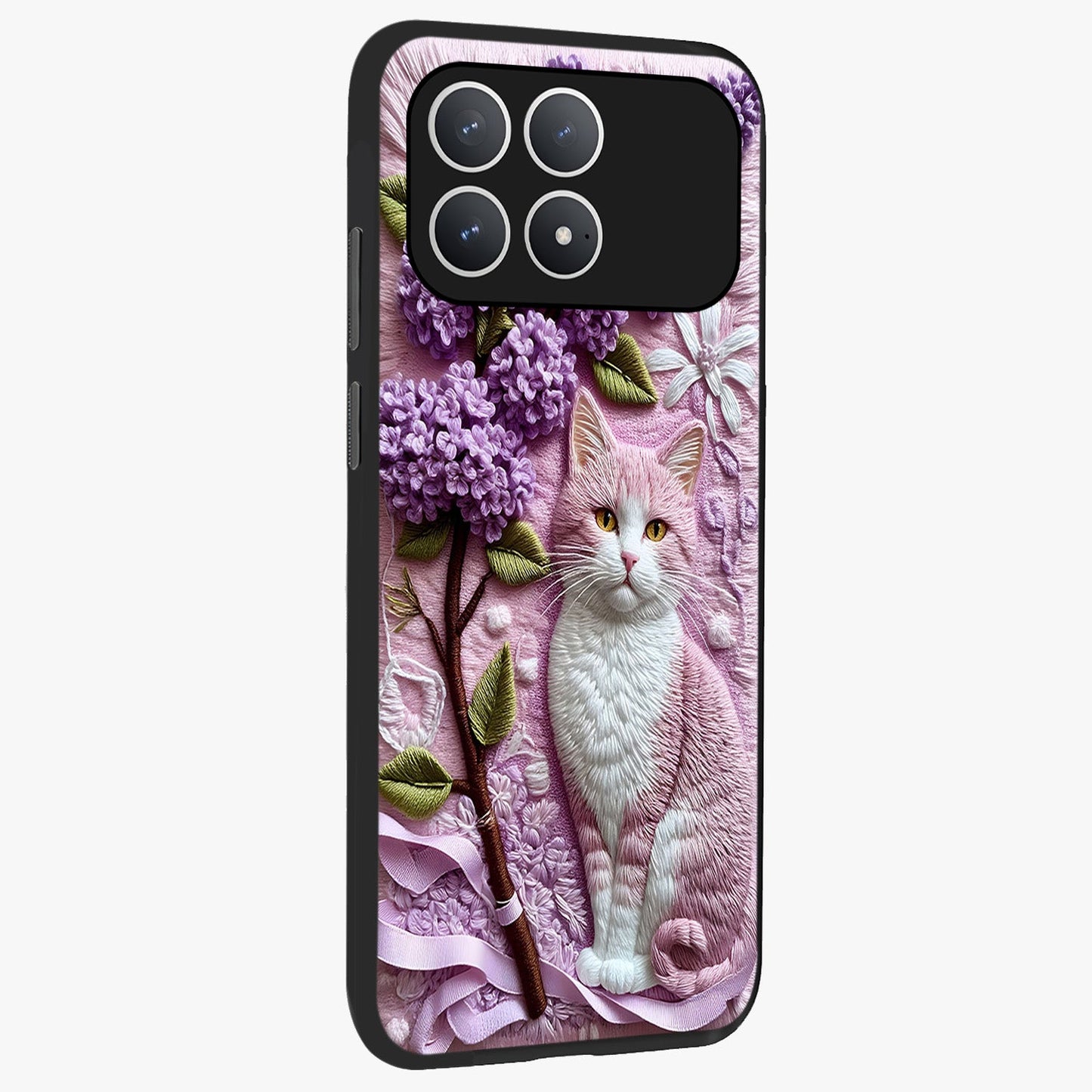 Lavender Cat Whimsy Glass Case upright view showcasing charming cat artwork with whimsical lavender theme.