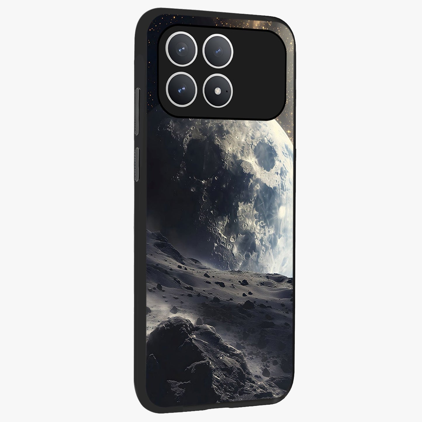 Lunar Horizon Glow Glass Case upright view showcasing radiant lunar artwork with calm cosmic theme.