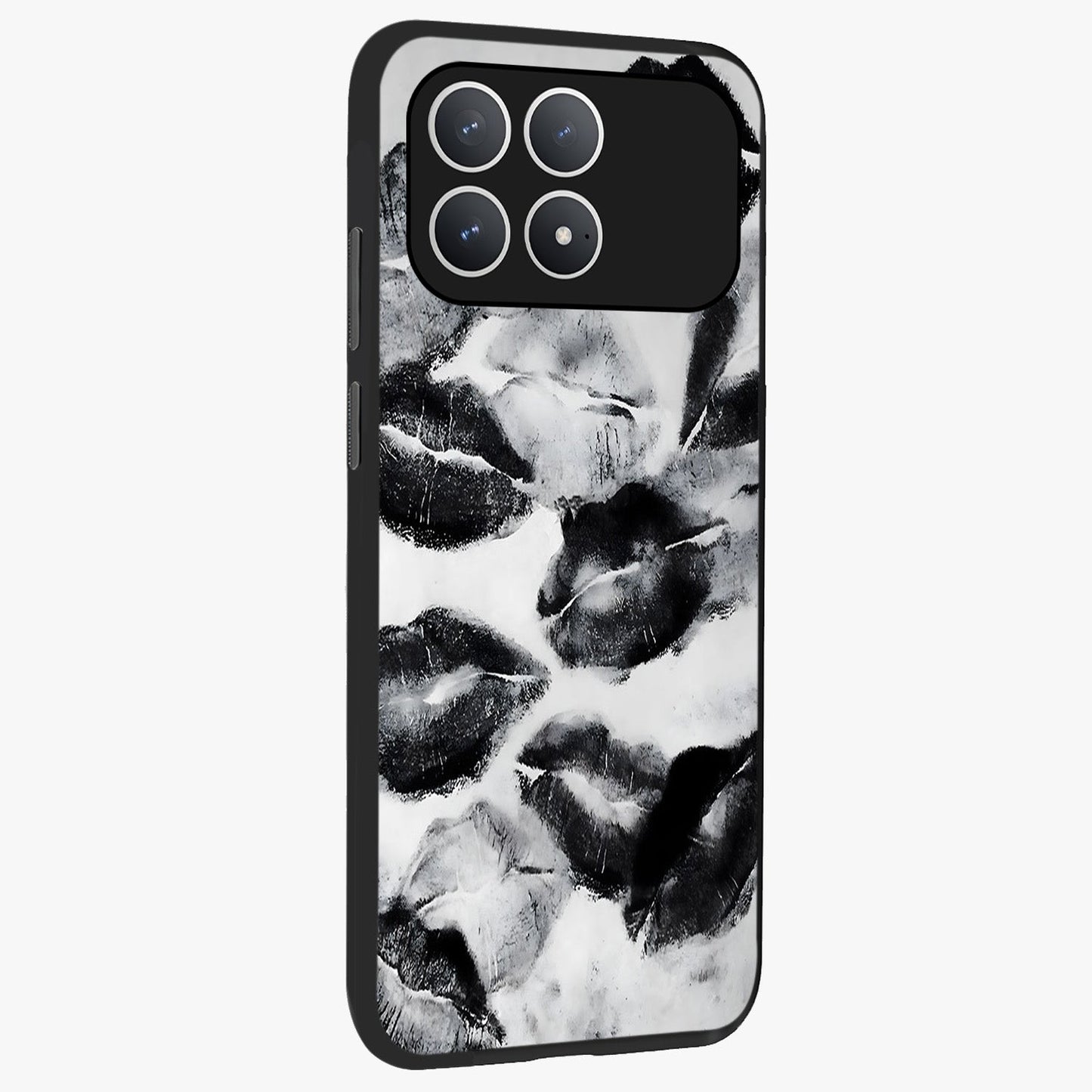 Midnight Kiss Marks Glass Case upright view showcasing stylish kiss mark artwork with trendy romantic theme.