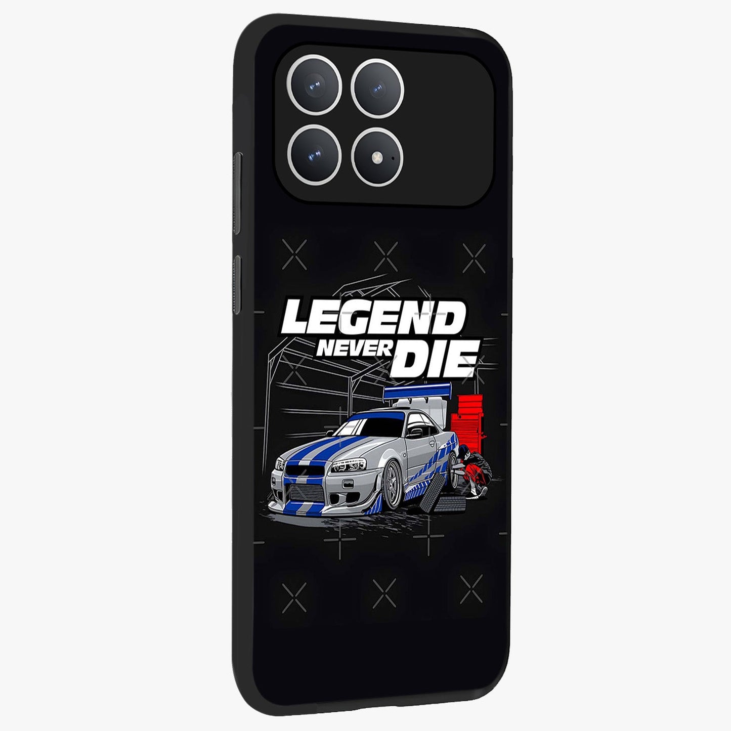 Midnight Racing Legacy Glass Case upright view showcasing powerful racing artwork with modern sports theme.