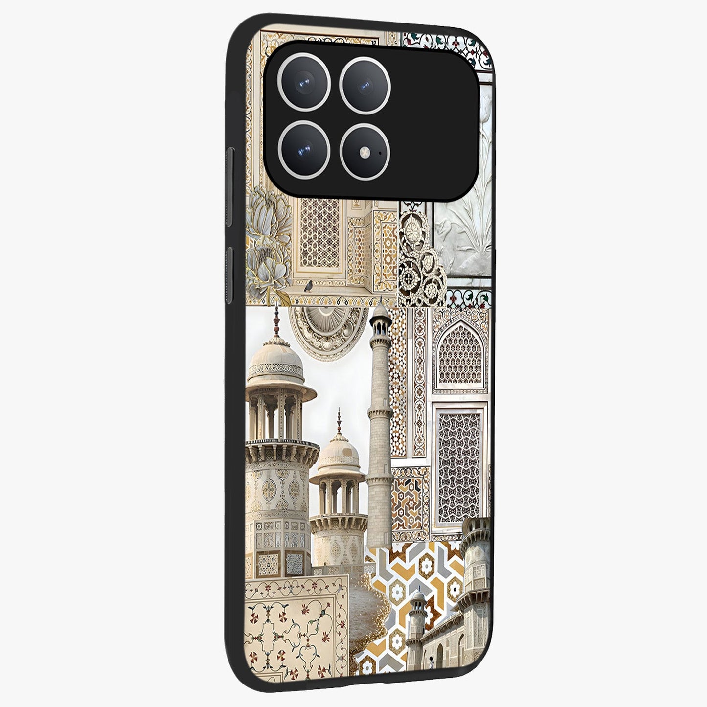 Mughal Marble Legacy Glass Case upright view showcasing ornate Mughal design with luxurious traditional theme.