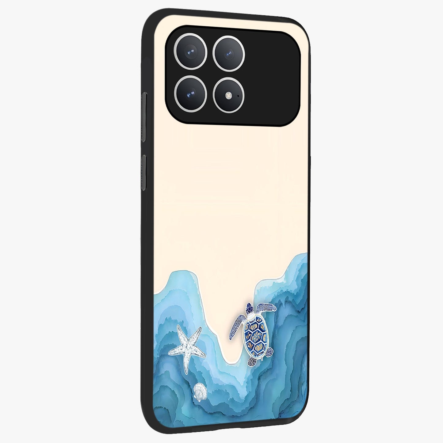Ocean Drift Turtle Glass Case upright view showcasing calm underwater turtle artwork with nature inspired theme.