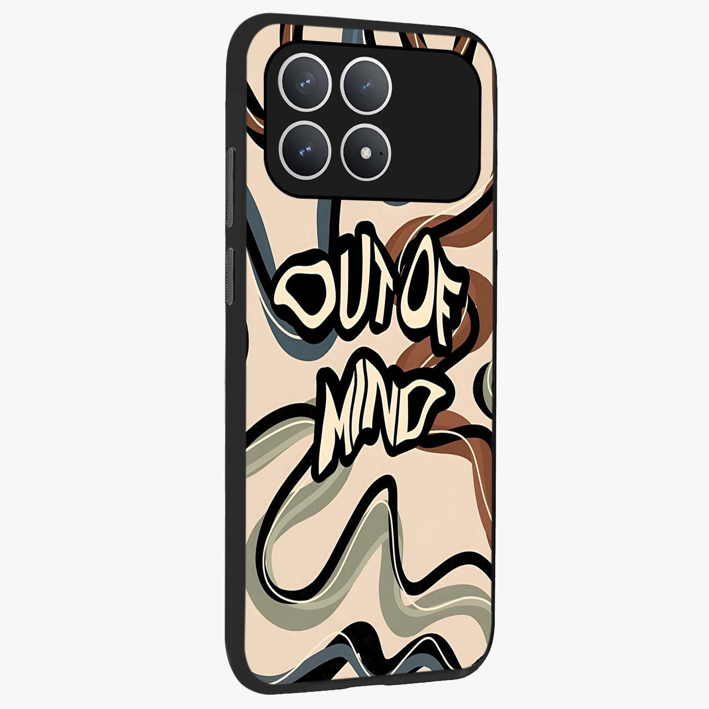 Out Of Mind Glass Case upright view showcasing striking typography artwork with edgy conceptual theme.