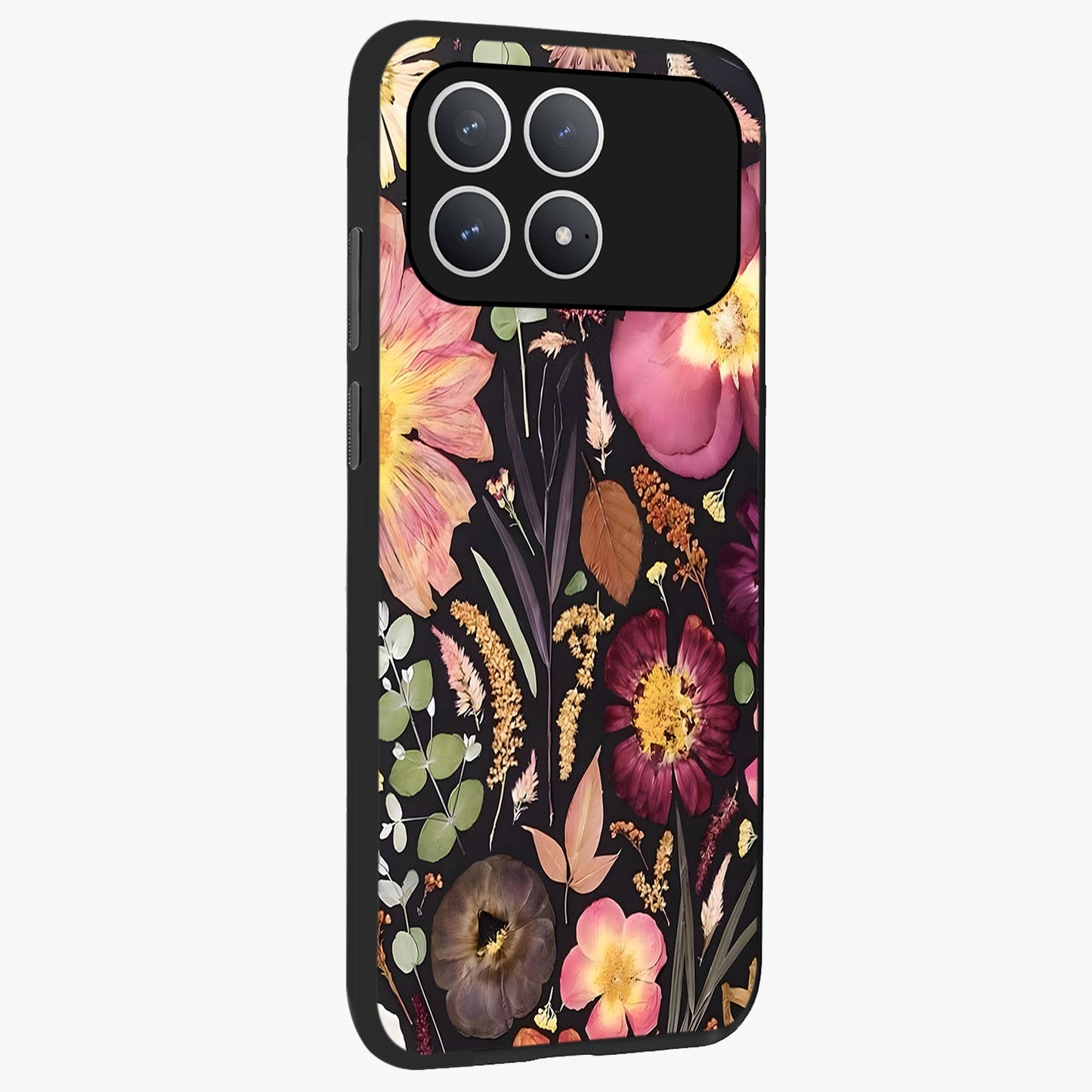 Petal Dream Tapestry Glass Case upright view showcasing detailed floral tapestry artwork with artistic nature theme.