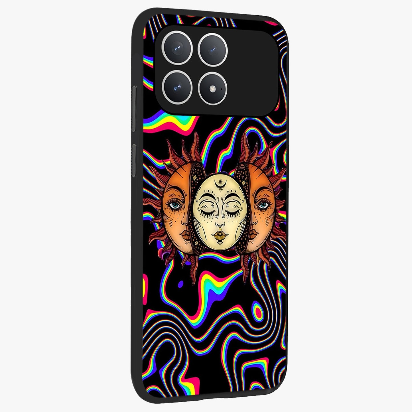Psychedelic Sun Glass Case upright view showcasing trippy sun artwork with bold psychedelic theme.
