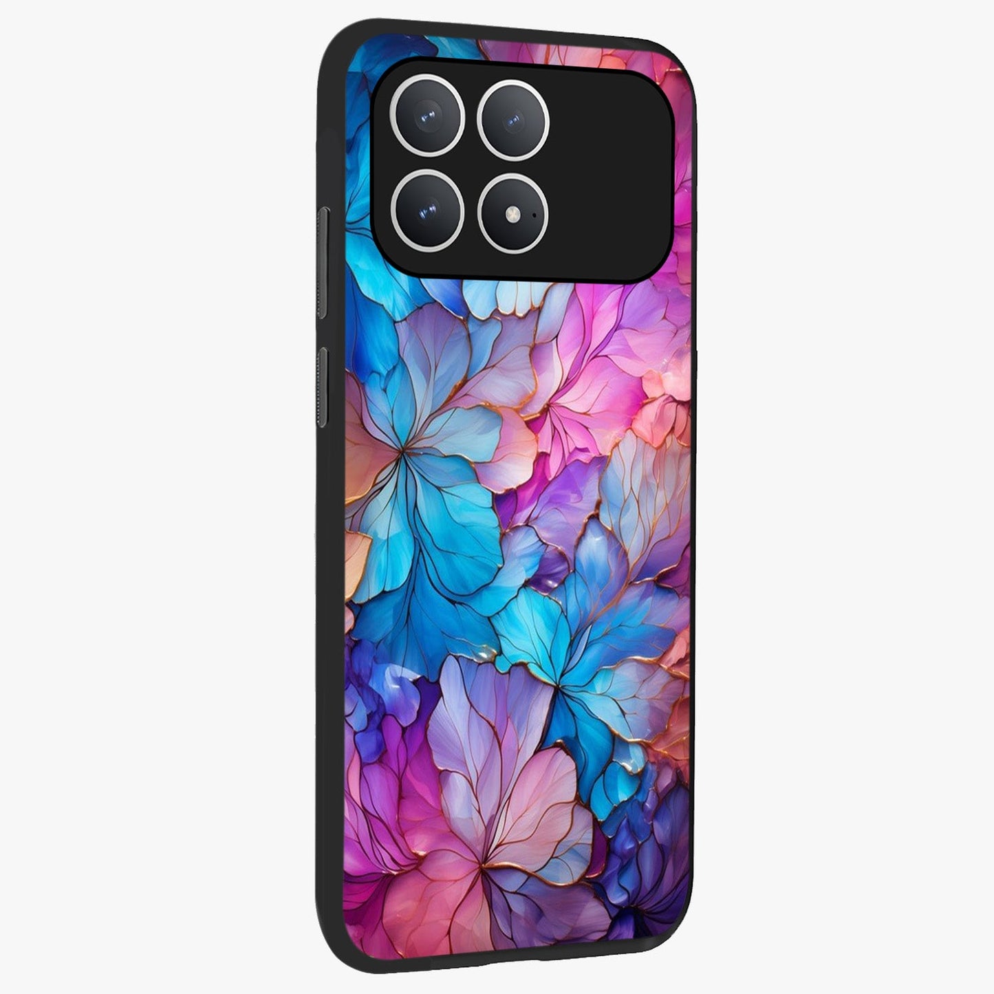 Radiant Floral Whirl Glass Case upright view showcasing lively floral artwork with decorative swirl theme.