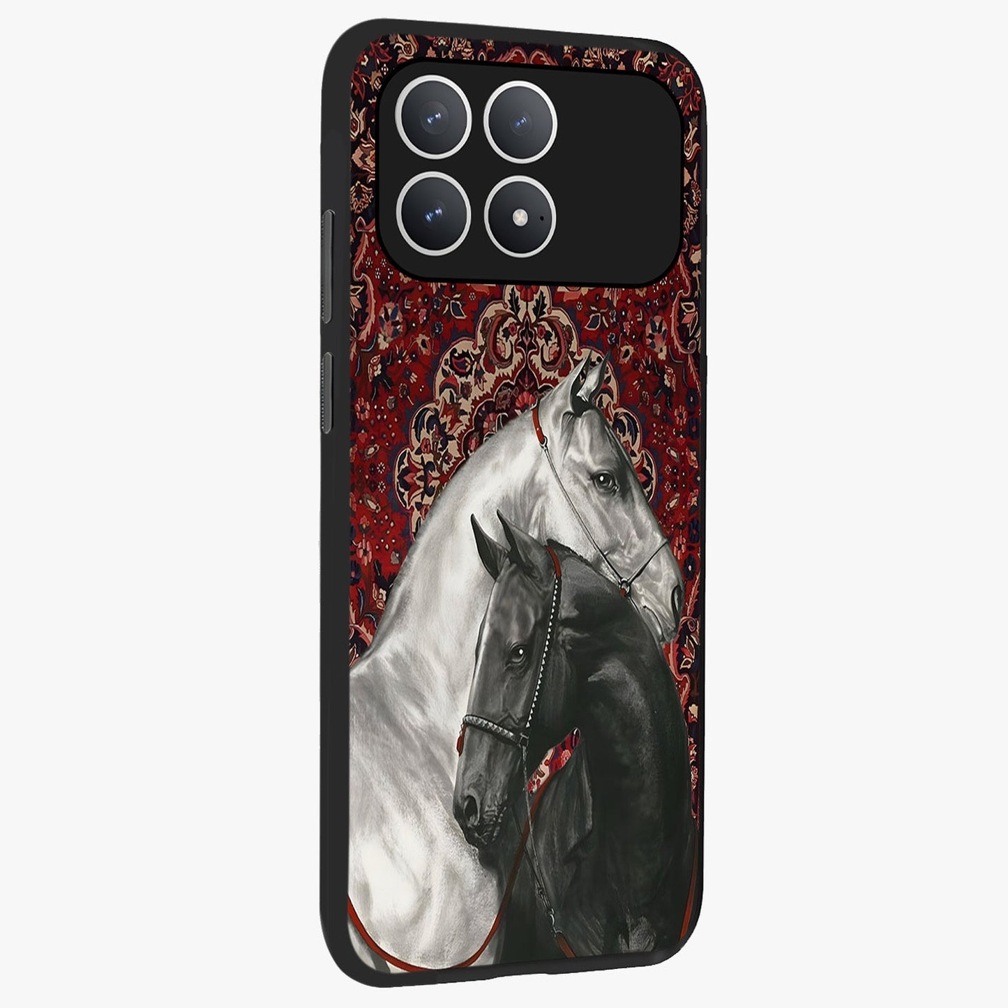 Regal Stallion Tapestry Glass Case upright view showcasing powerful horse artwork with elegant tapestry theme.