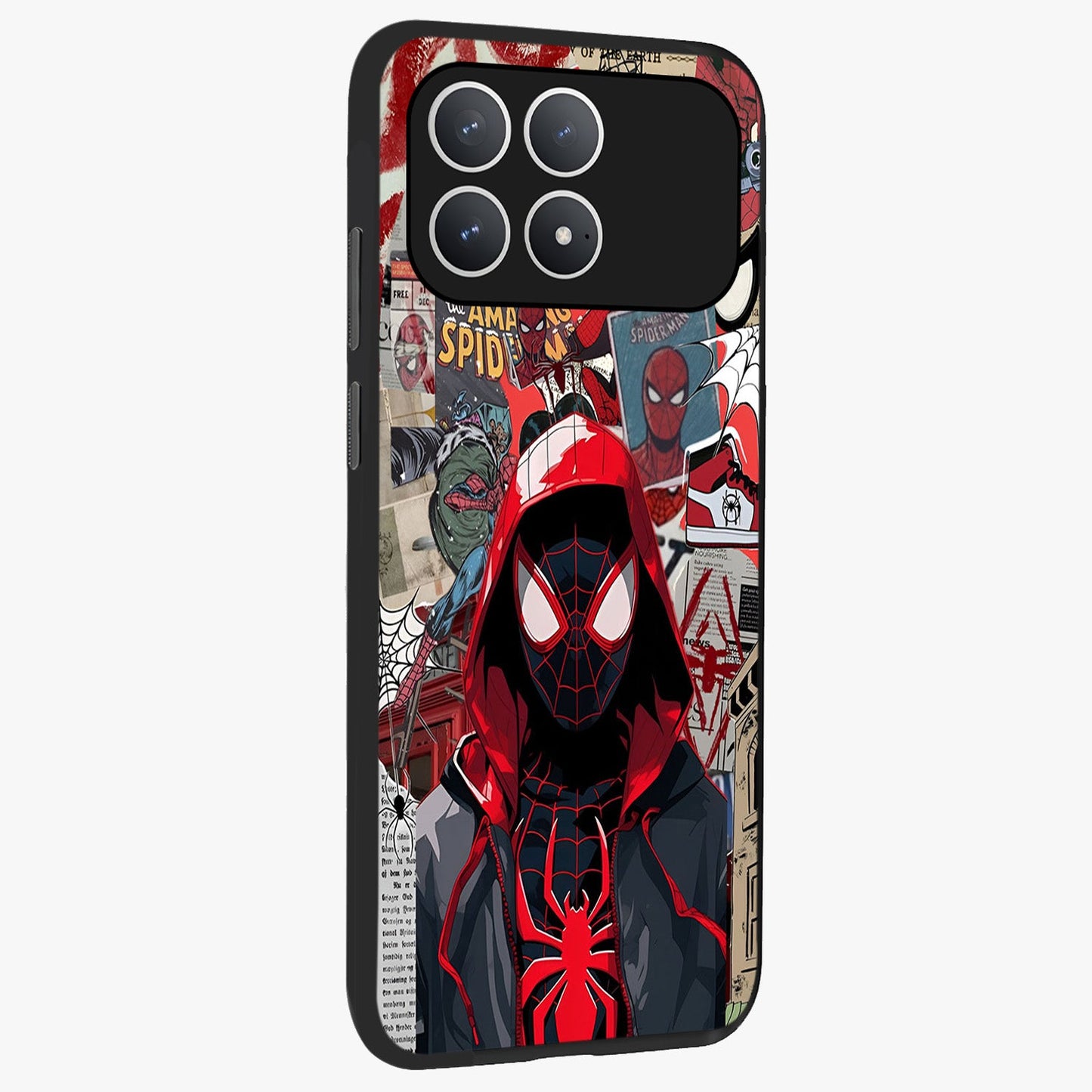Spider Collage Street Glass Case upright view showcasing bold superhero artwork with urban street theme.