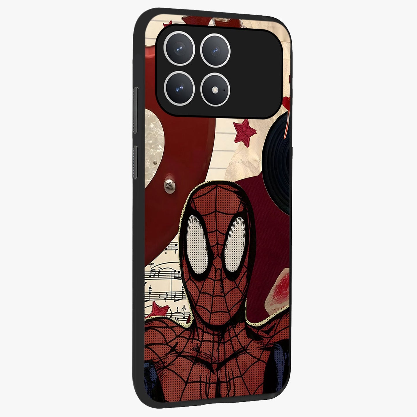 Web Warrior Vibes Glass Case upright view showcasing energetic superhero artwork with bold action theme.