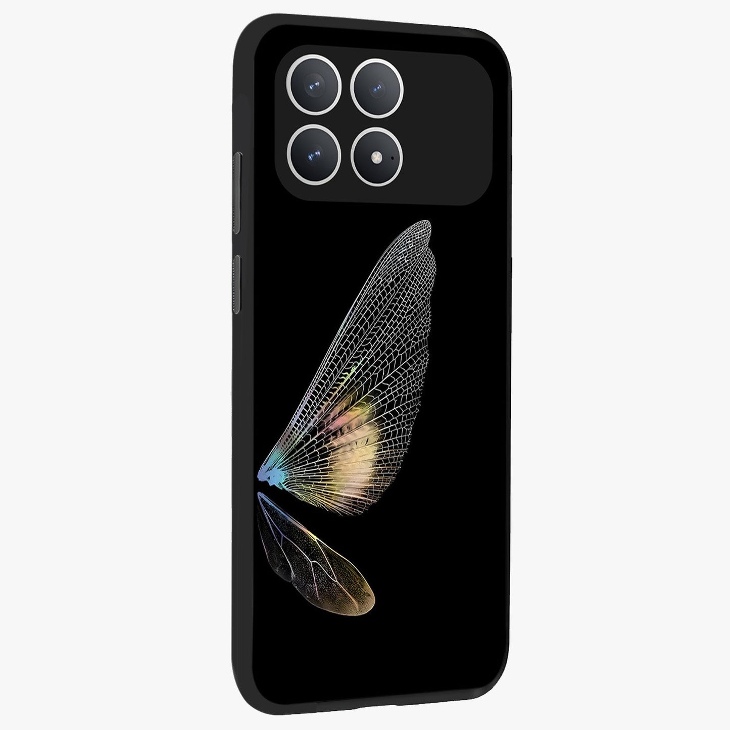 Whispers Of Wings Glass Case upright view showcasing elegant wing artwork with light airy theme.
