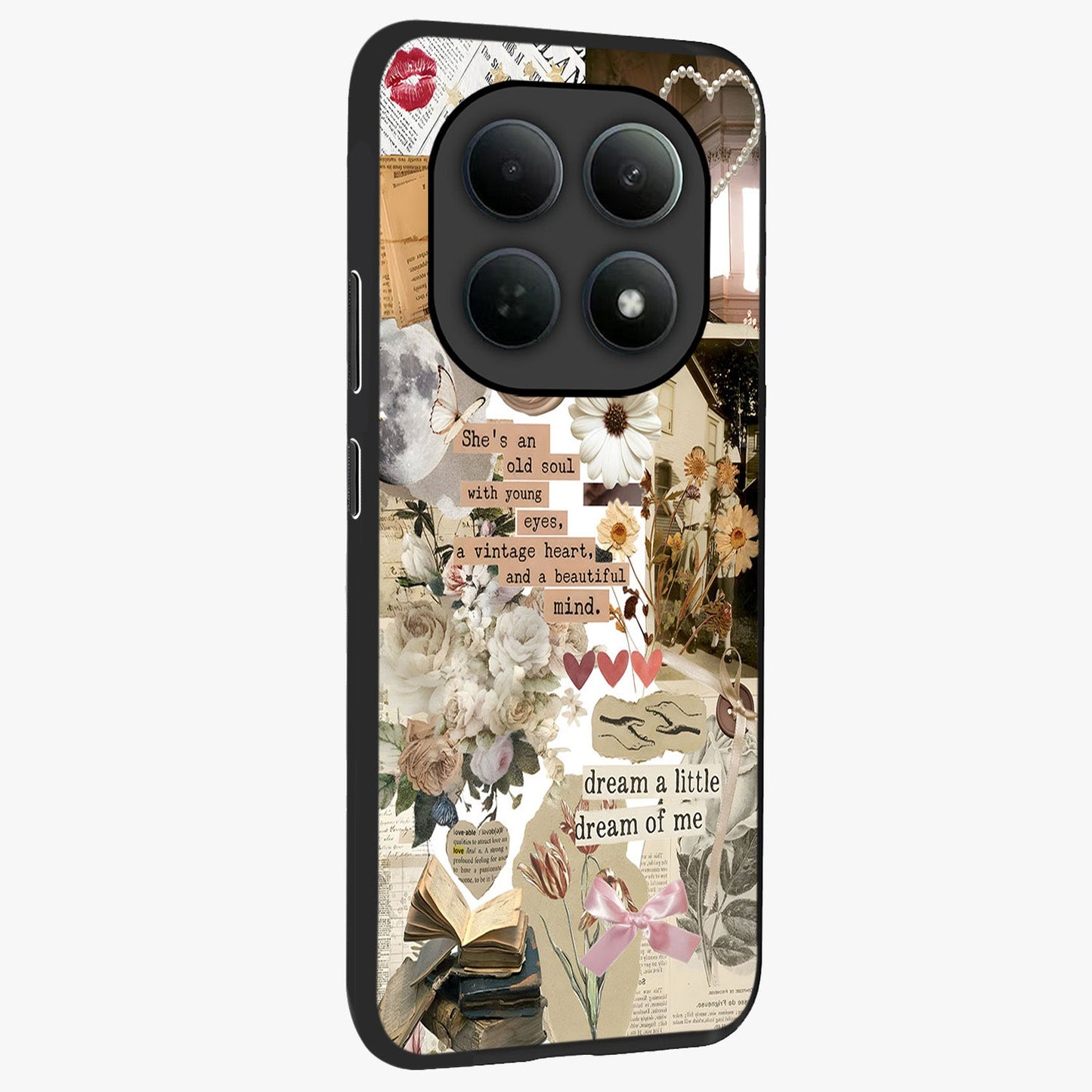 Aesthetic Brown Vintage Collage Glass Case upright view showcasing nostalgic retro artwork with stylish vintage theme.