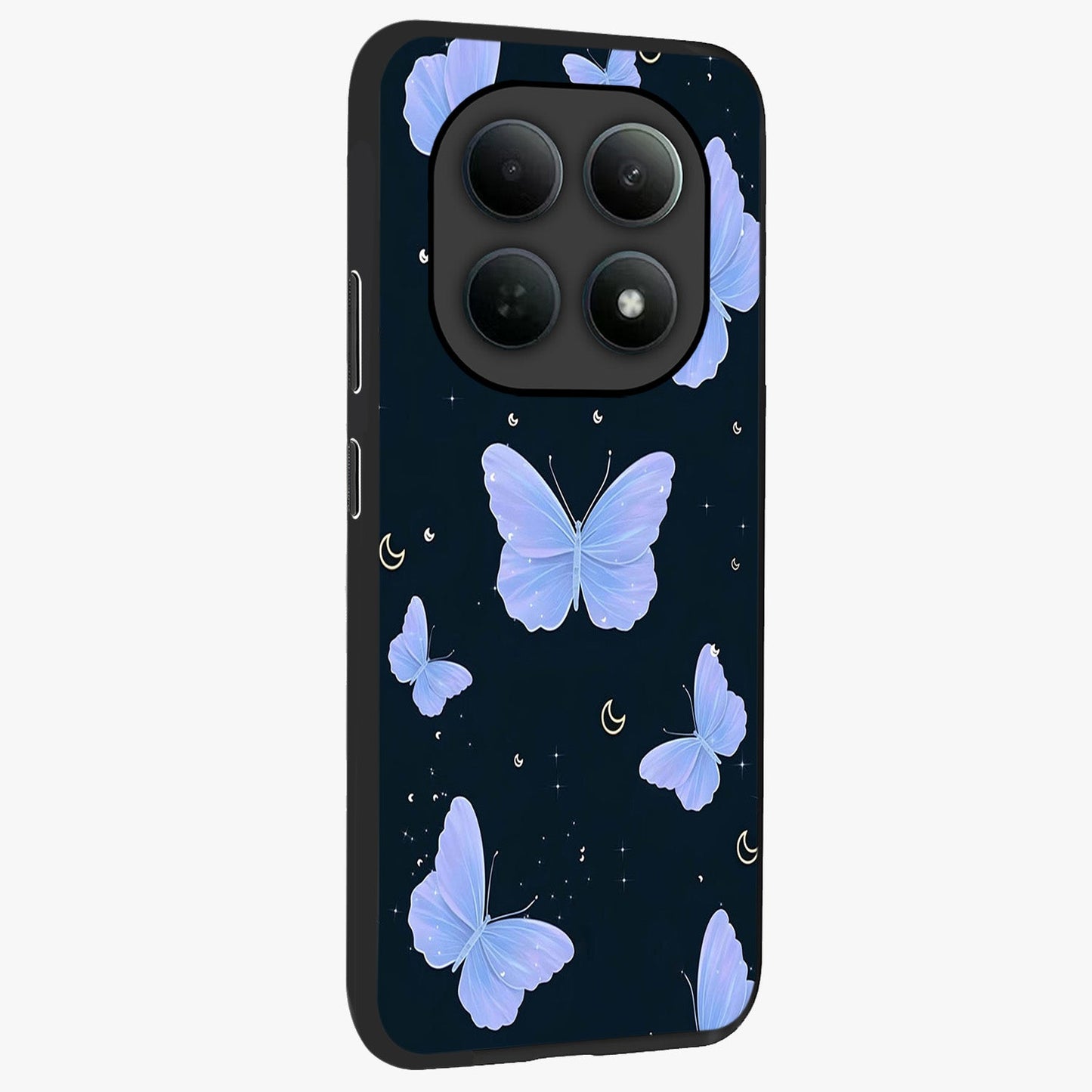 Butterfly With Stars Pattern Glass Case upright view showcasing celestial butterfly artwork with sparkling star elements.