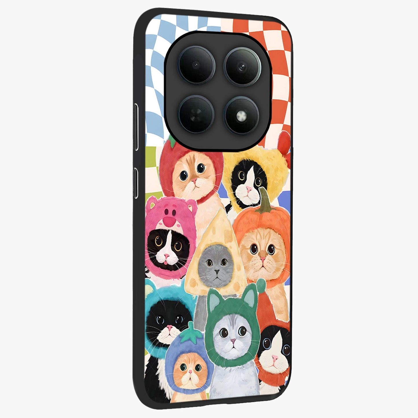 Cats in Fruits Glass Case upright view showcasing charming cat artwork with fun fruity theme.