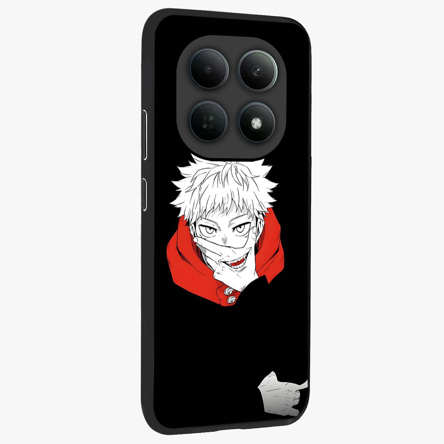 Crimson Chaos Smile Glass Case upright view showcasing expressive chaotic artwork with striking visual theme.