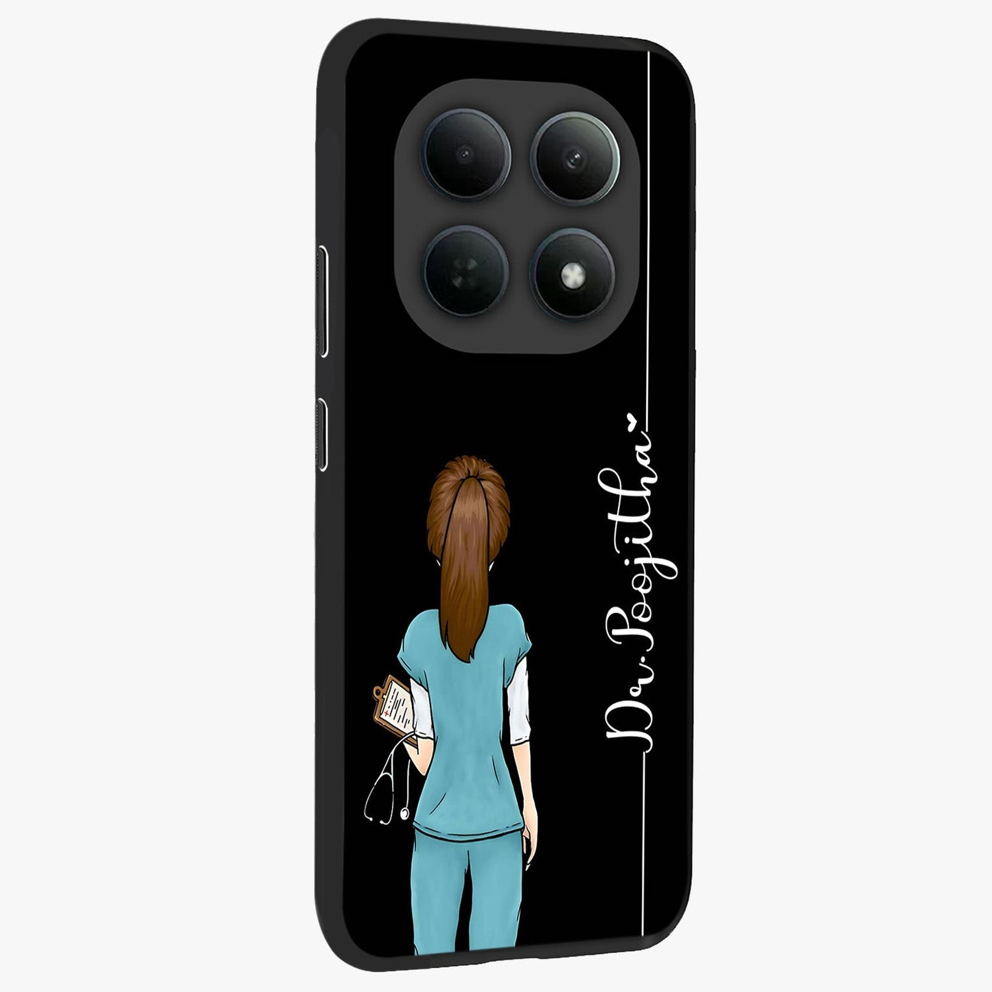 Doctor Pattern Custom Name Glass Case upright view showcasing healthcare themed design with personalized aesthetic.