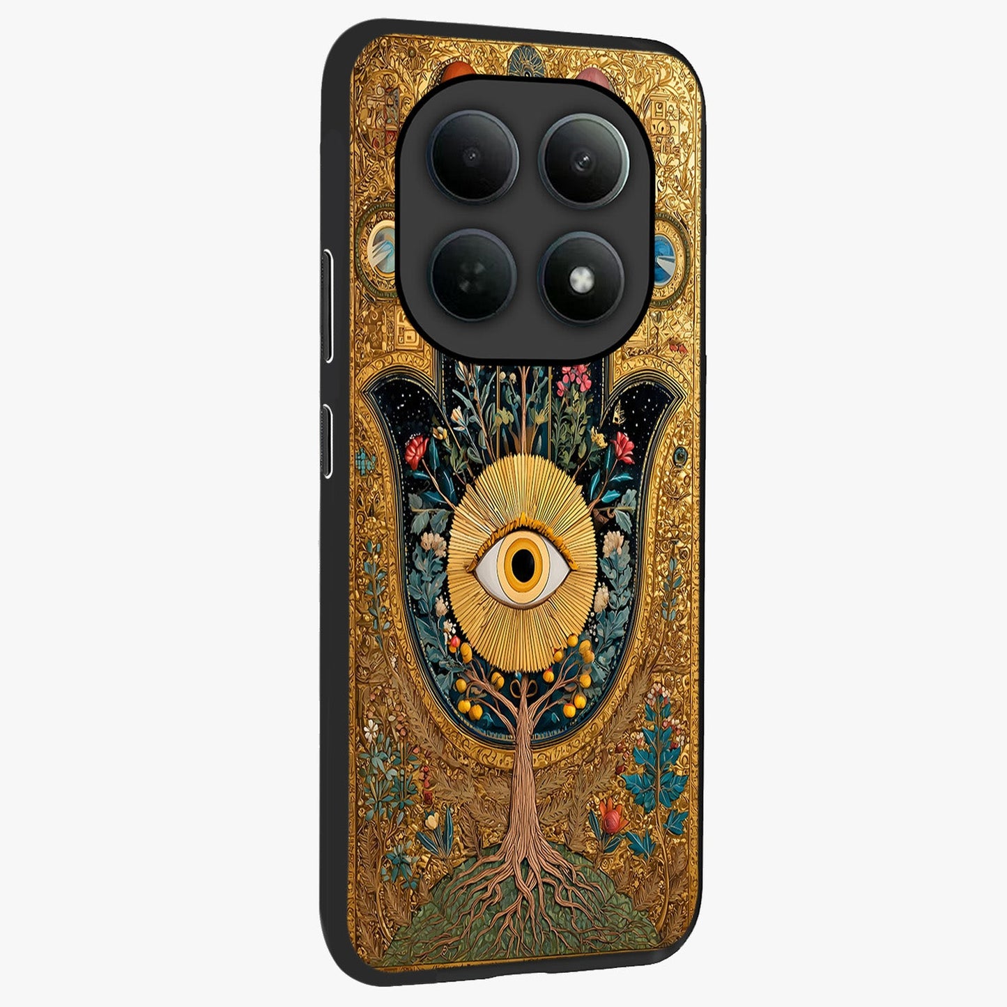 Ethereal Evil Eye Glass Case upright view showcasing celestial evil eye artwork with mystical theme.