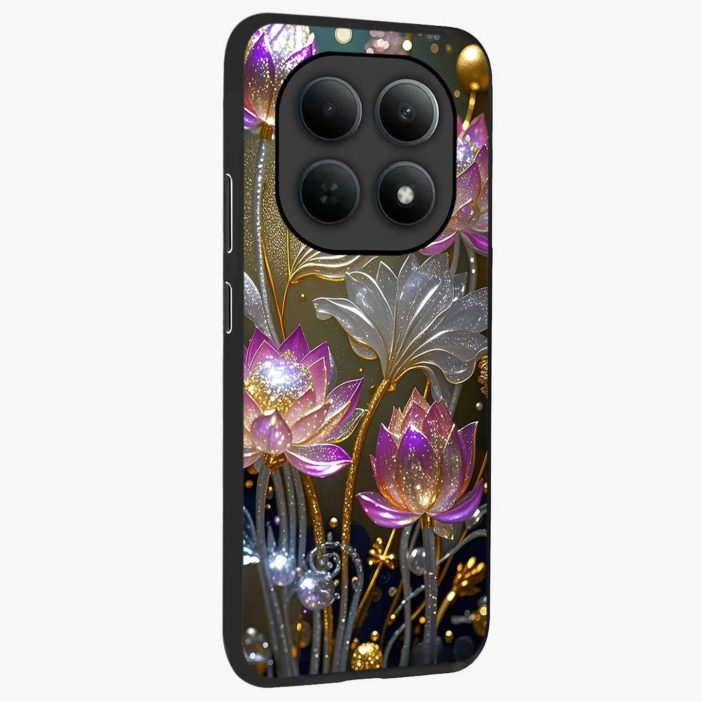 Golden Floral Majesty Glass Case upright view showcasing majestic floral artwork with rich decorative theme.