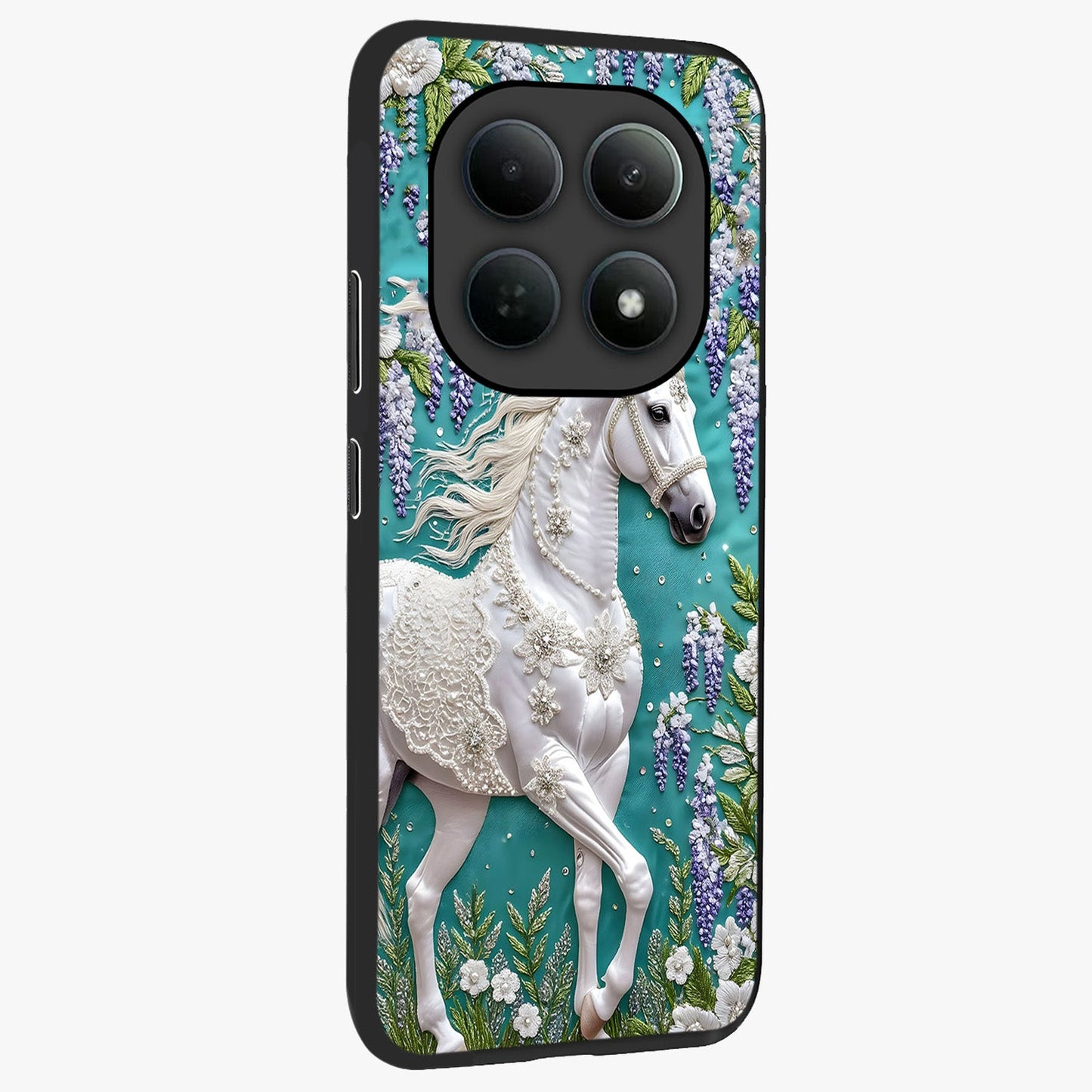 Majestic Floral Stallion Glass Case upright view showcasing dramatic horse artwork with decorative floral theme.