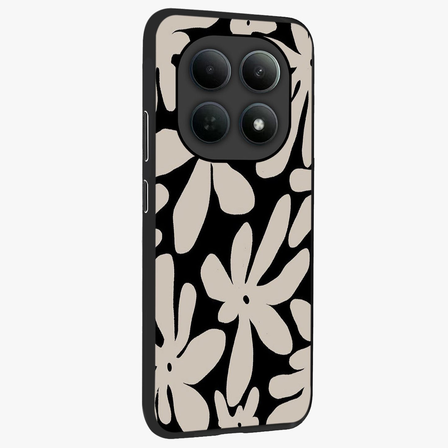 Monochrome Petal Dance Glass Case upright view showcasing artistic floral pattern with stylish monochrome theme.