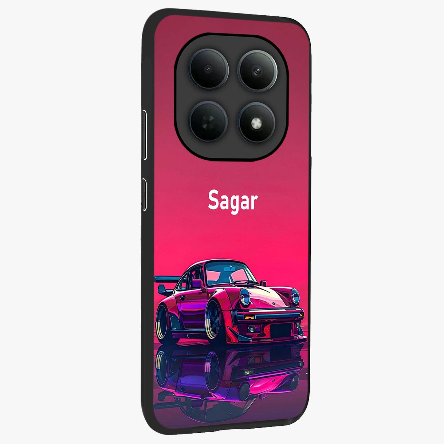 Neon Pink Porsche Glass Case upright view showcasing vibrant sports car artwork with bold automotive theme.