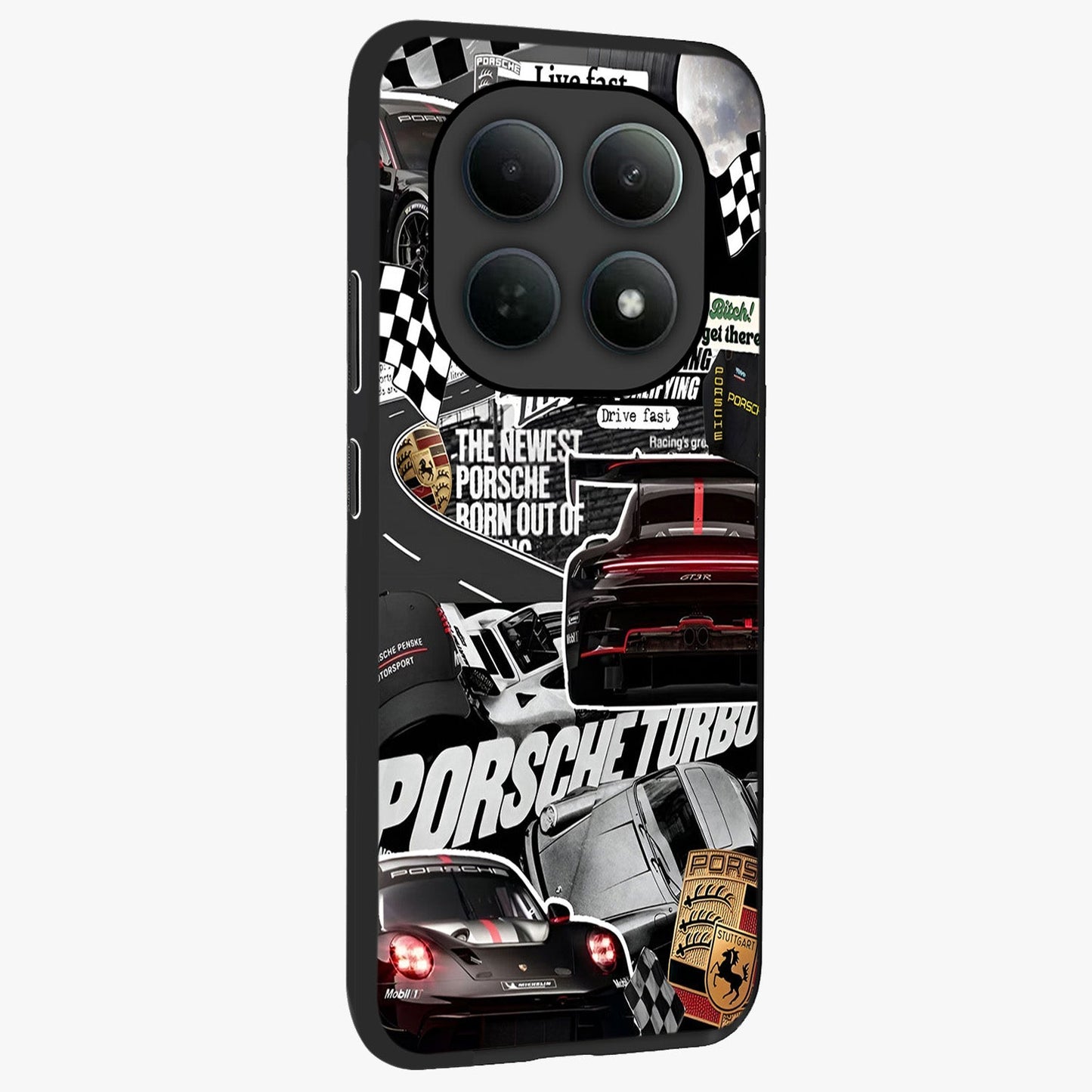 Porsche Racing Collage Glass Case upright view showcasing energetic car collage artwork with high speed racing theme.