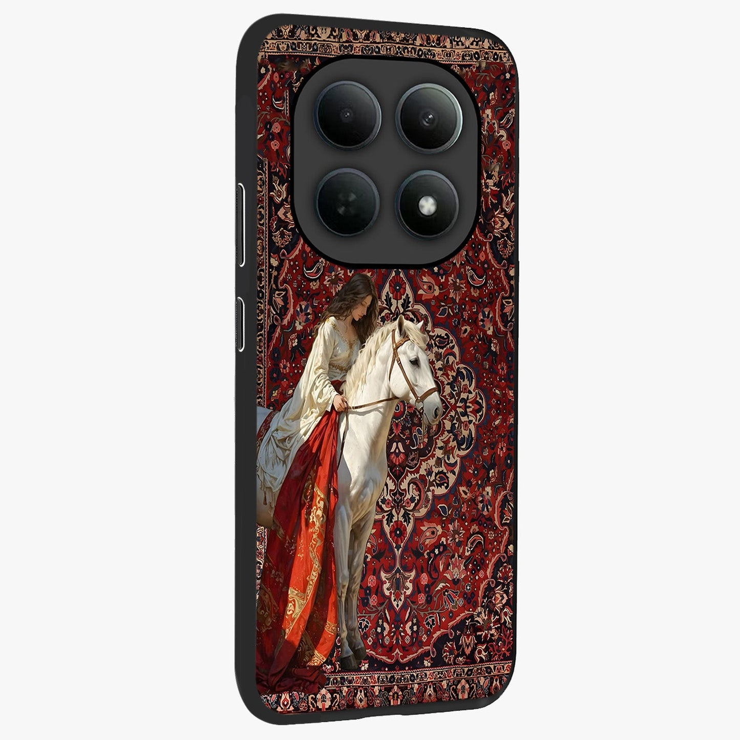 Royal Rider Tapestry Glass Case upright view showcasing detailed rider artwork with classic tapestry theme.