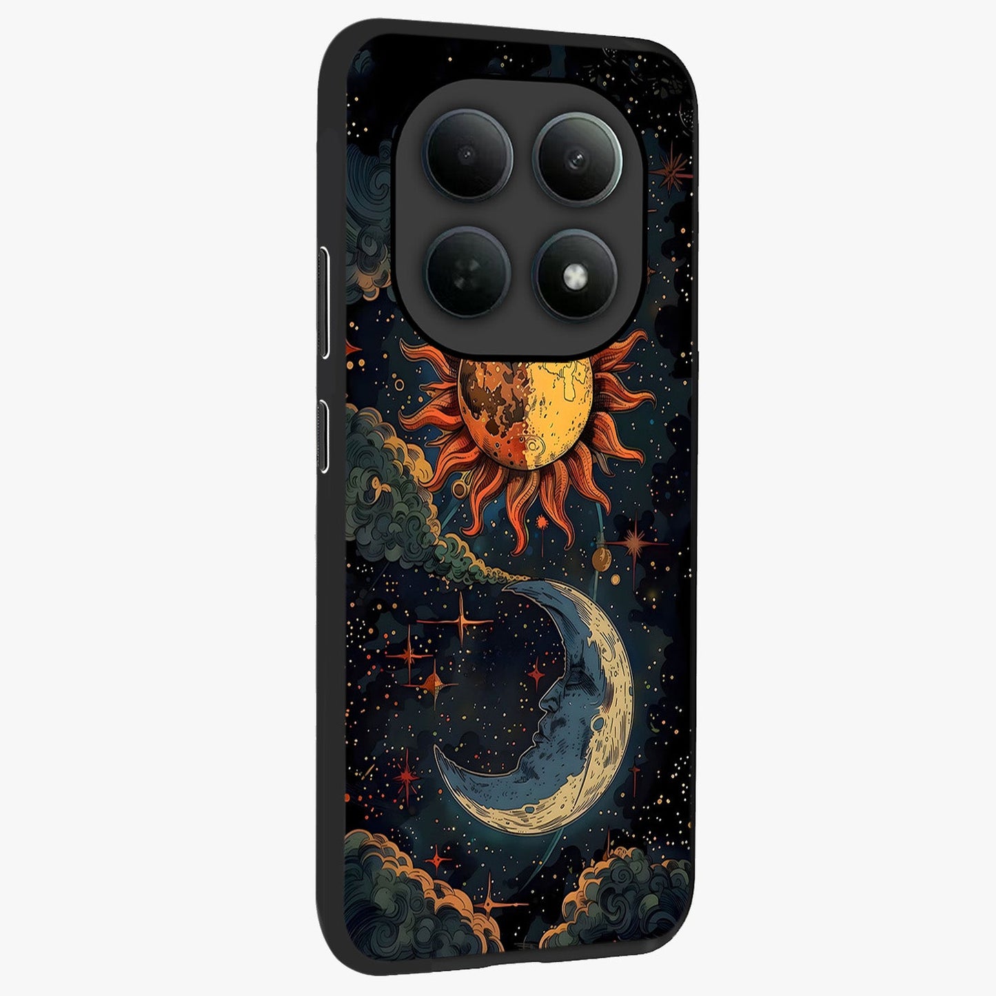Sun And Moon Magic Design Glass Case upright view showcasing decorative sun and moon artwork with spiritual celestial theme.