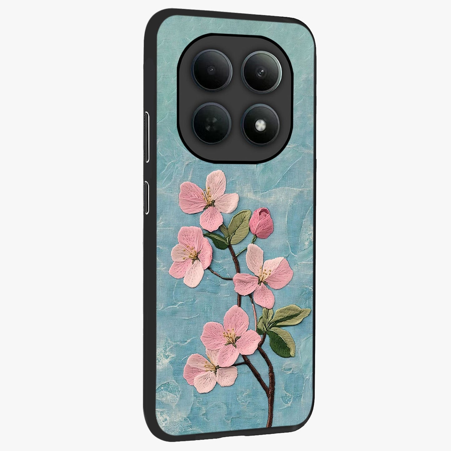 Threaded Blossom Breeze Glass Case upright view showcasing graceful flower artwork with calm botanical theme.
