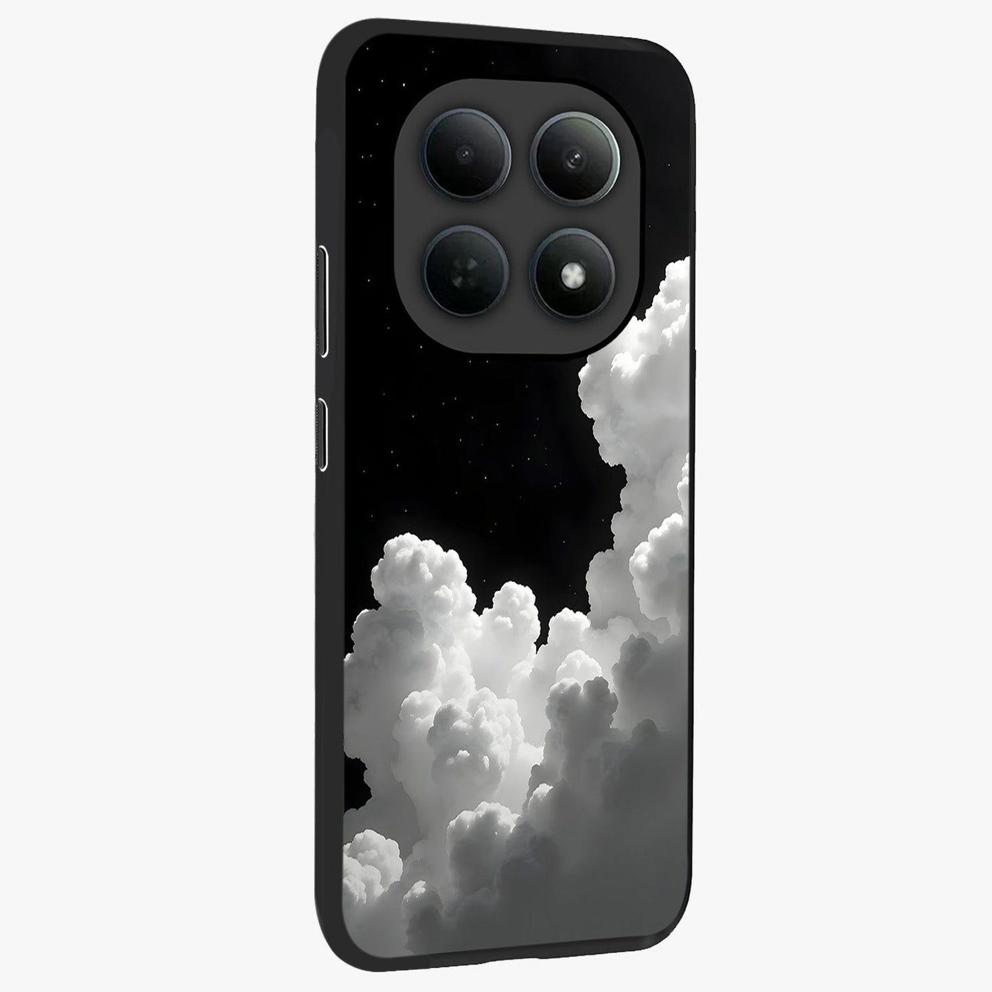 Black Background With White Cloud Glass Case upright view showcasing calm cloud aesthetic with modern minimal style.