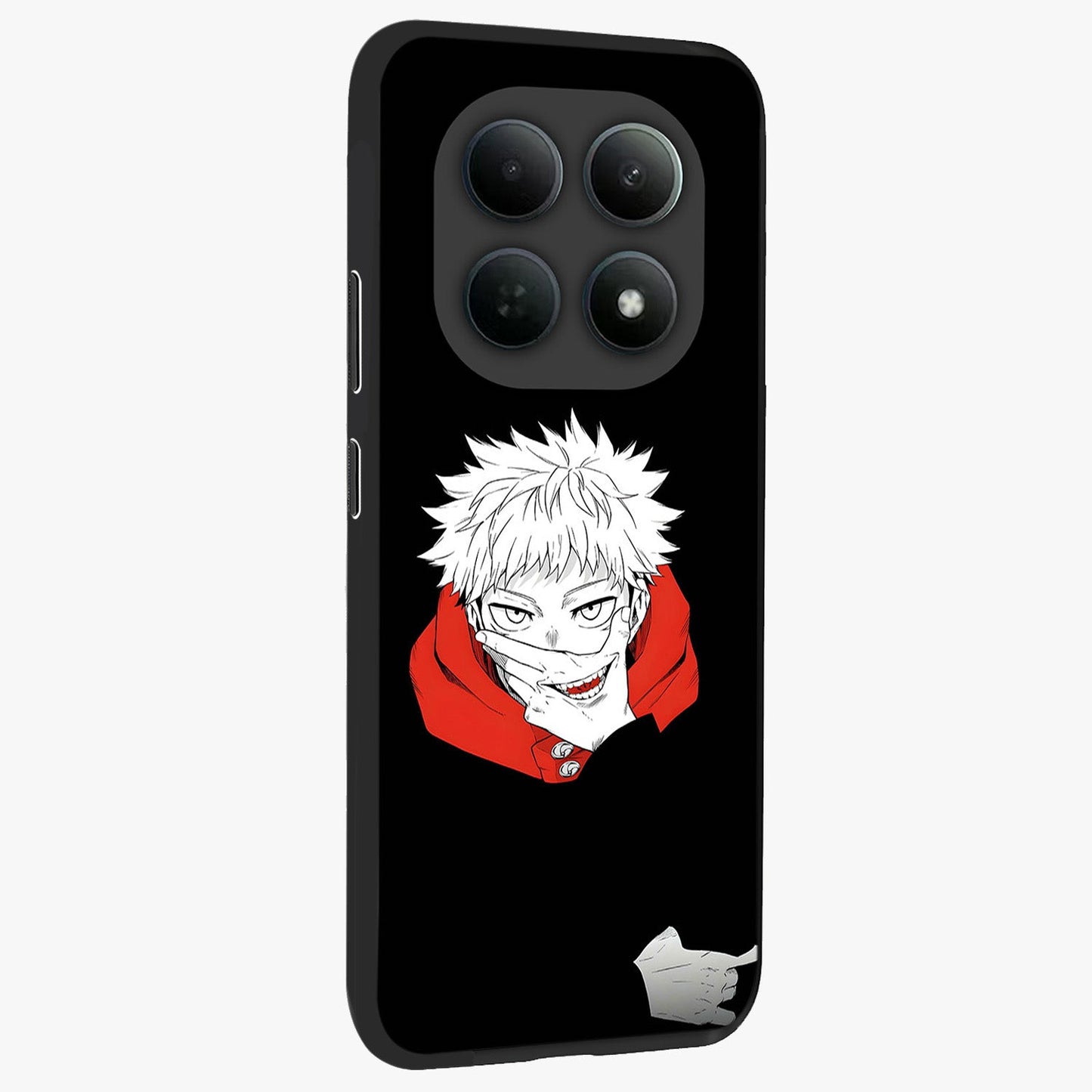 Crimson Chaos Smile Glass Case upright view showcasing expressive chaotic artwork with striking visual theme.