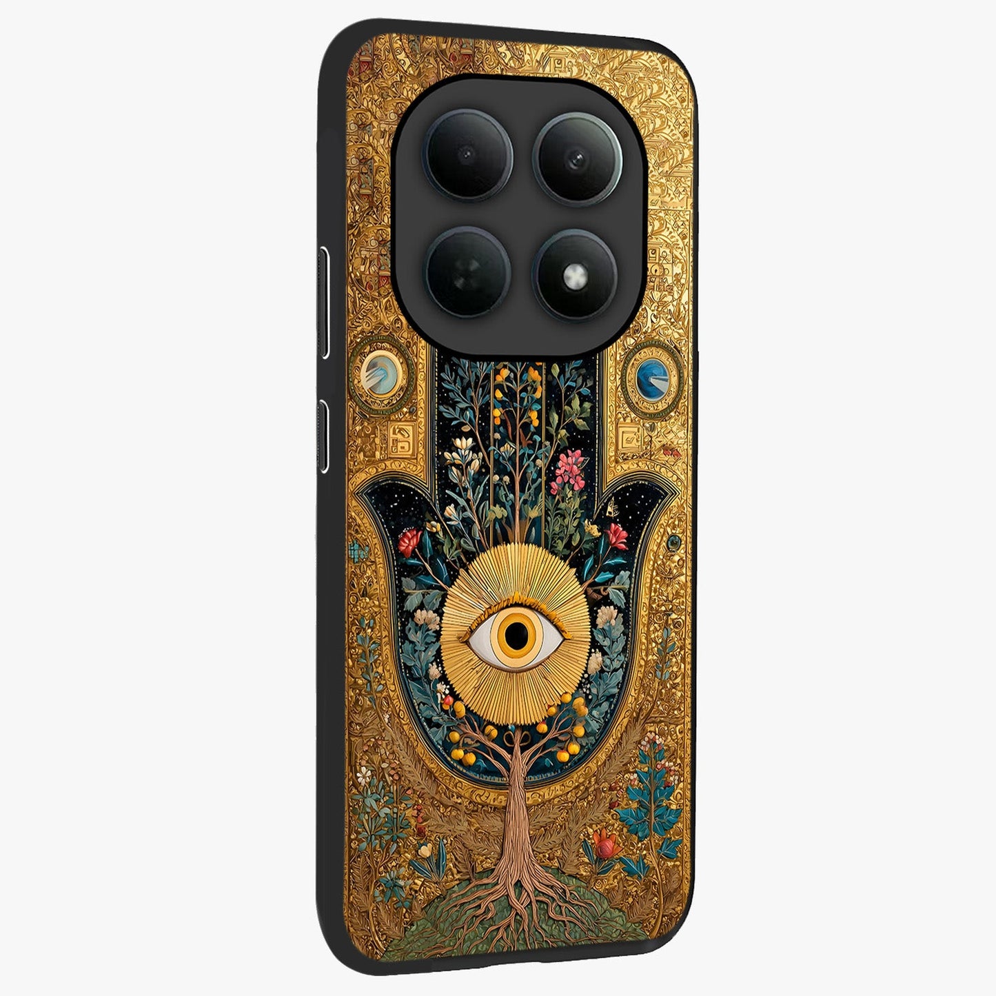 Ethereal Evil Eye Glass Case upright view showcasing celestial evil eye artwork with mystical theme.