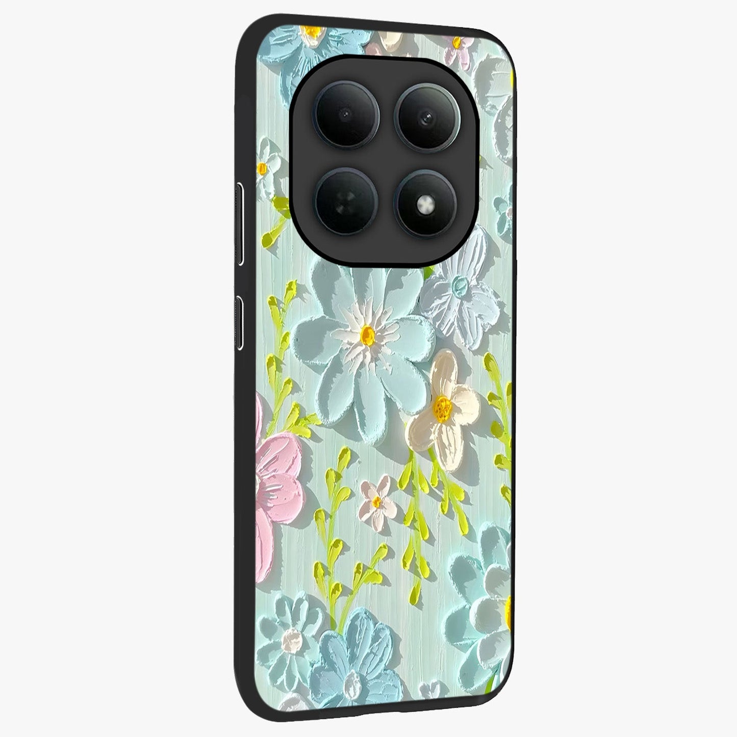 Frosted Petal Garden Glass Case upright view showcasing elegant floral garden artwork with soothing pastel theme.