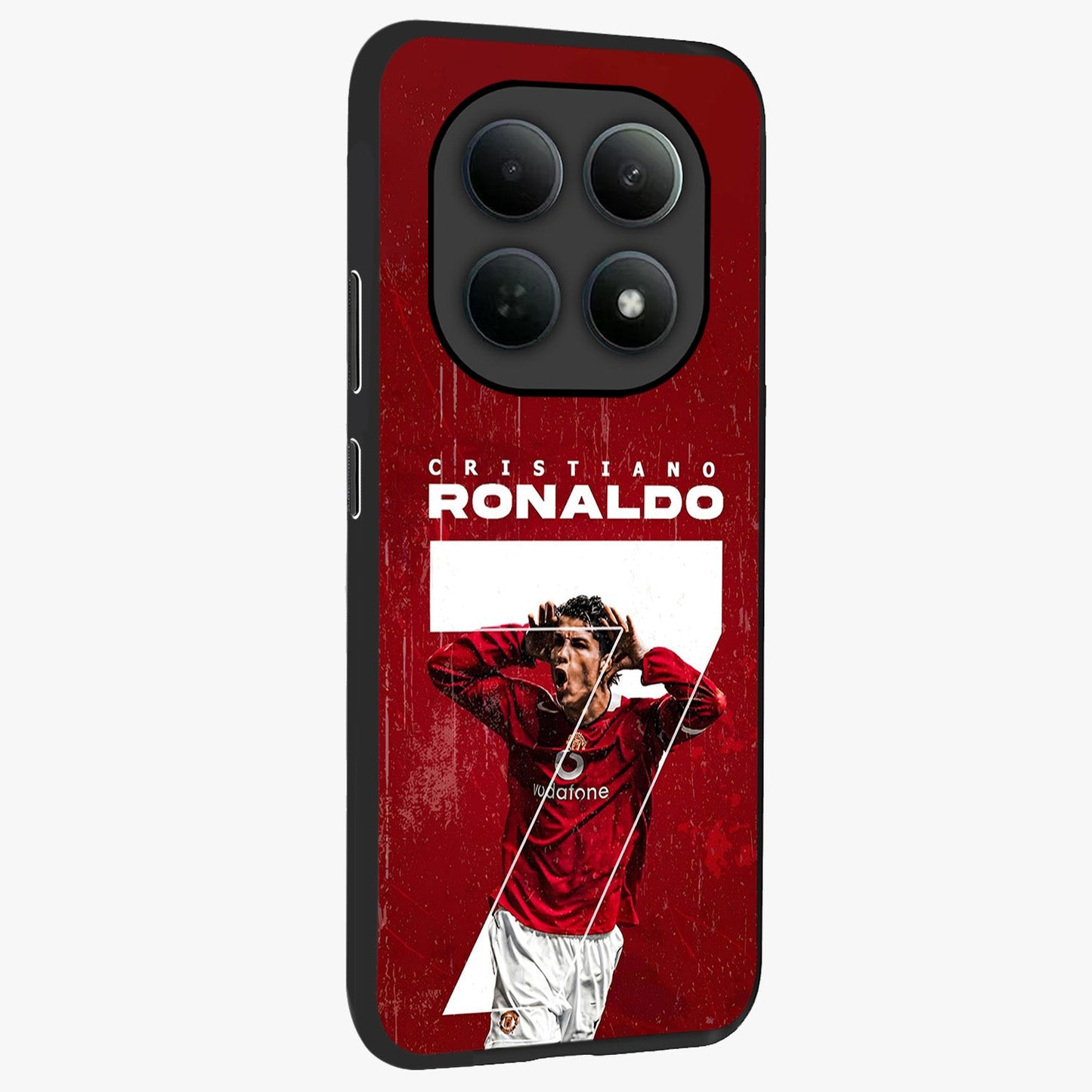 Goal Celebration Legacy Glass Case upright view showcasing dynamic football inspired artwork with victory celebration aesthetic.