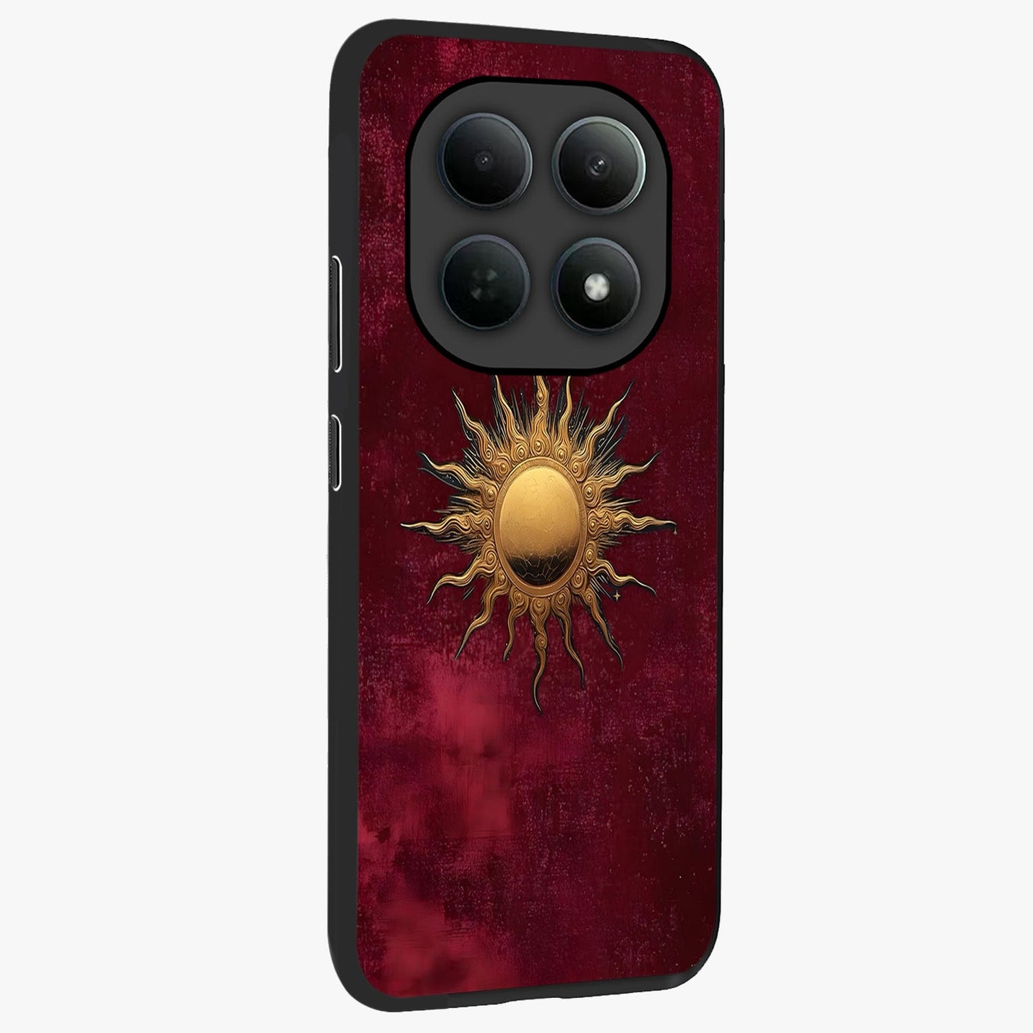 Golden Sun Minimalism Glass Case upright view showcasing simple golden sun artwork with elegant minimalist style.