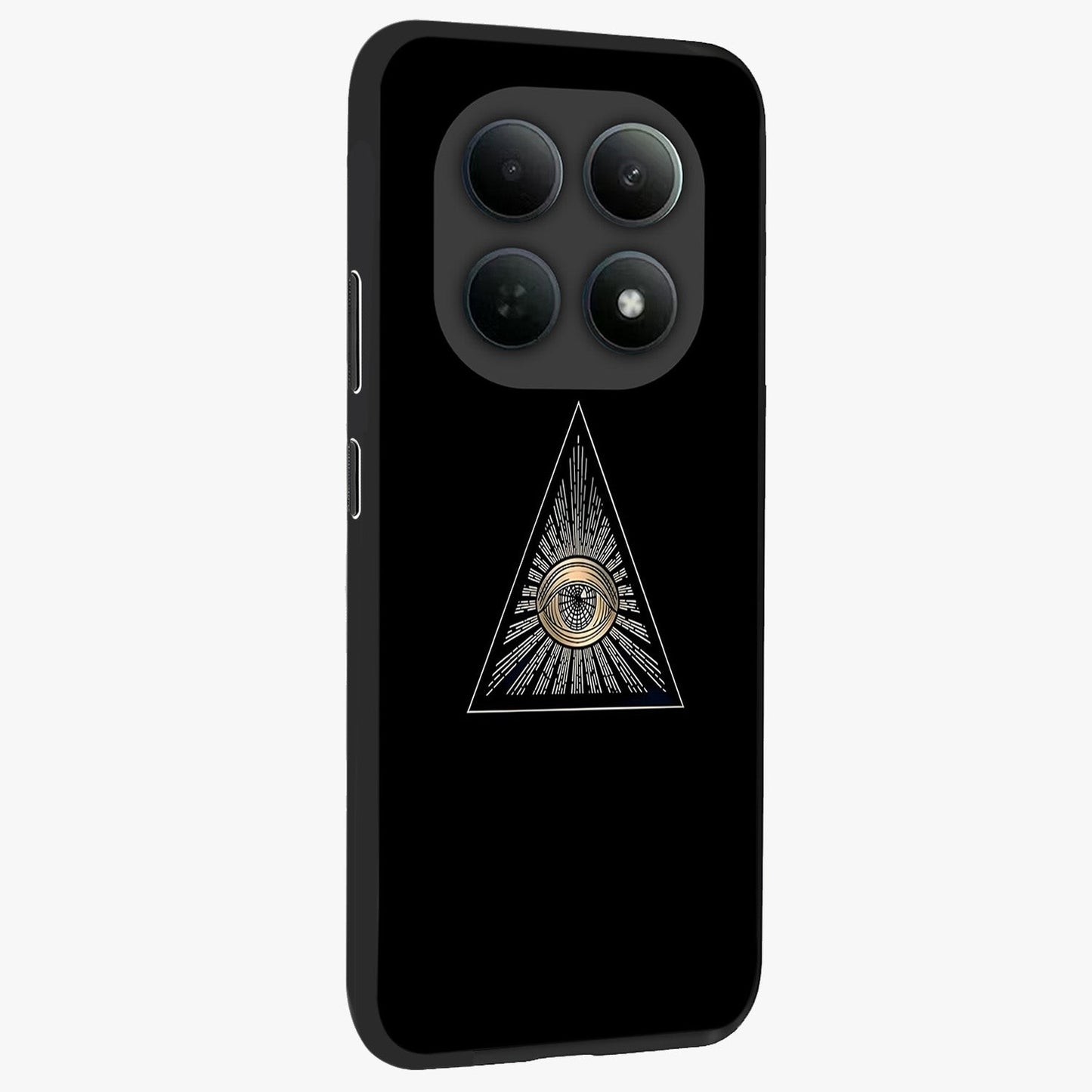 Illuminati Evil Glass Case upright view showcasing striking illuminati artwork with mysterious symbolic theme.