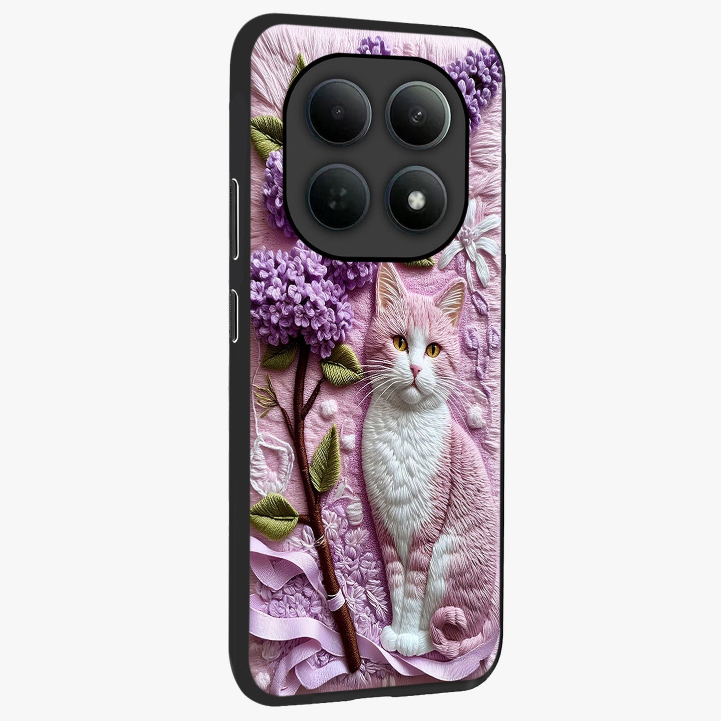 Lavender Cat Whimsy Glass Case upright view showcasing charming cat artwork with whimsical lavender theme.