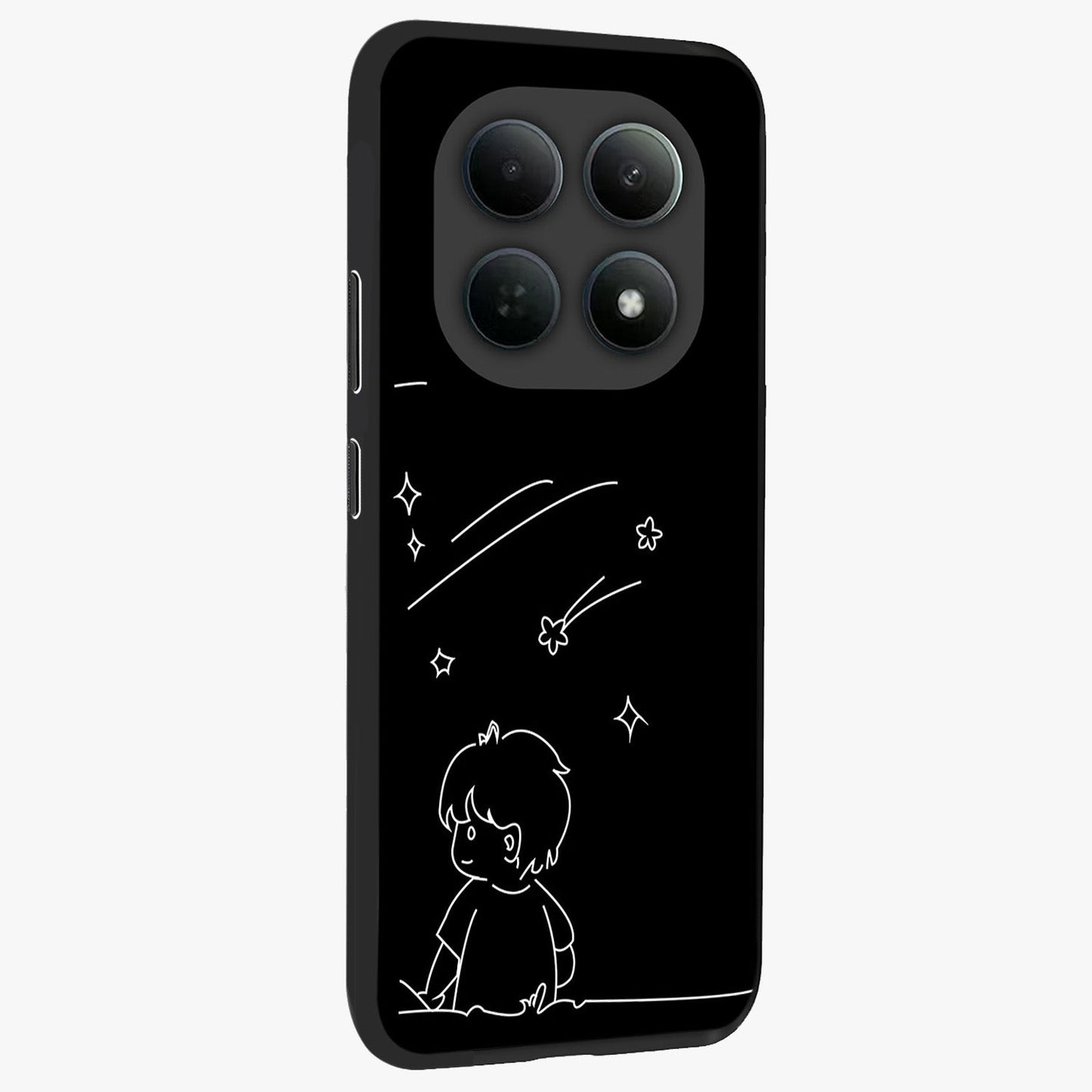 Line Art Boy With Shooting Stars Glass Case upright view showcasing artistic shooting star illustration with minimal style.