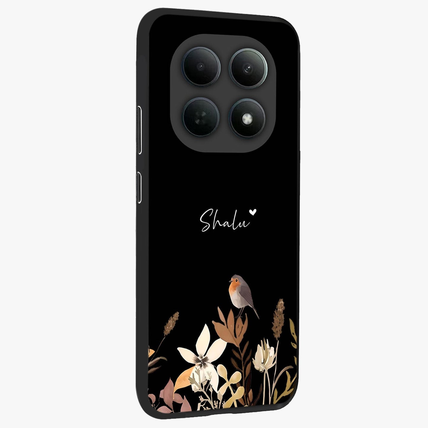 Quiet Garden Tune Custom Name Glass Case upright view showcasing serene botanical artwork with personalized aesthetic.