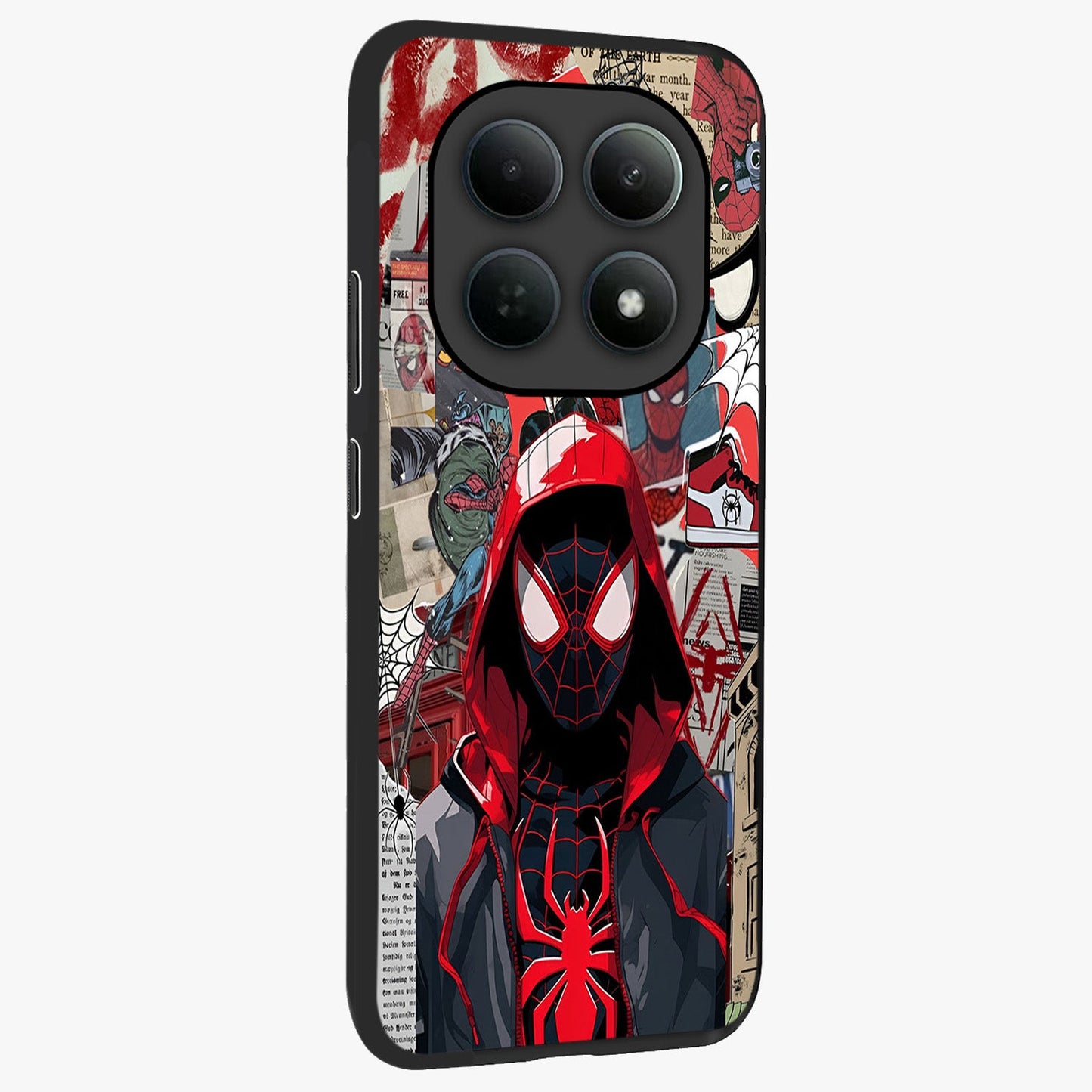 Spider Collage Street Glass Case upright view showcasing bold superhero artwork with urban street theme.