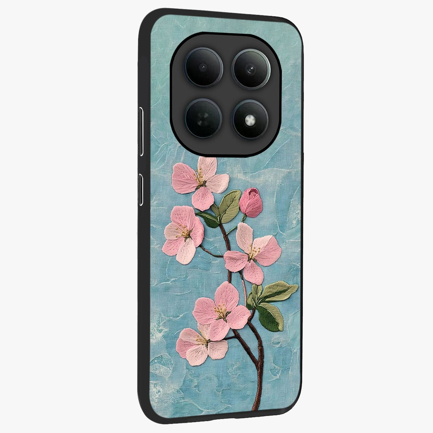 Threaded Blossom Breeze Glass Case upright view showcasing graceful flower artwork with calm botanical theme.